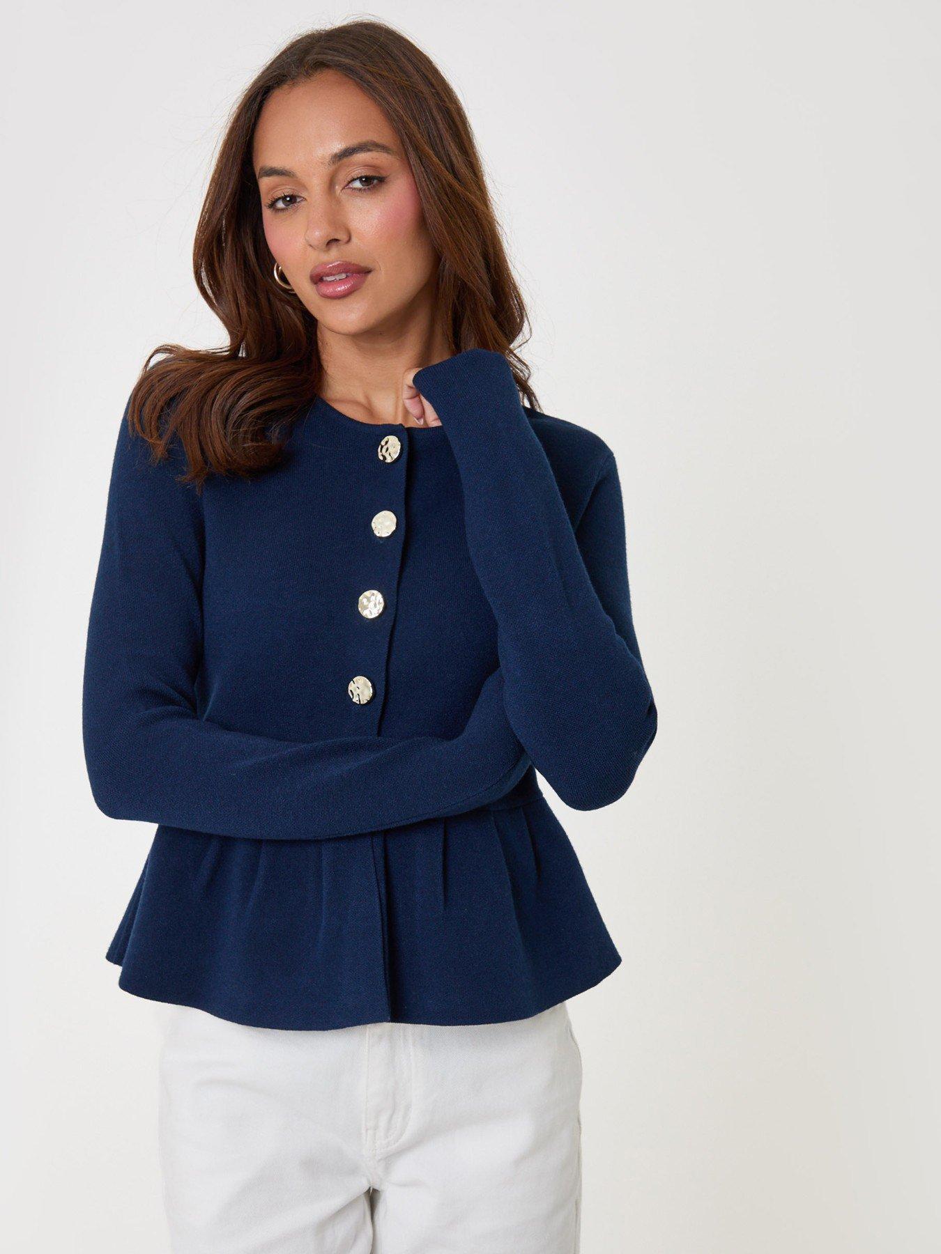 Image 1 of 4 of Threadbare Crew Neck Peplum Cardigan In Navy