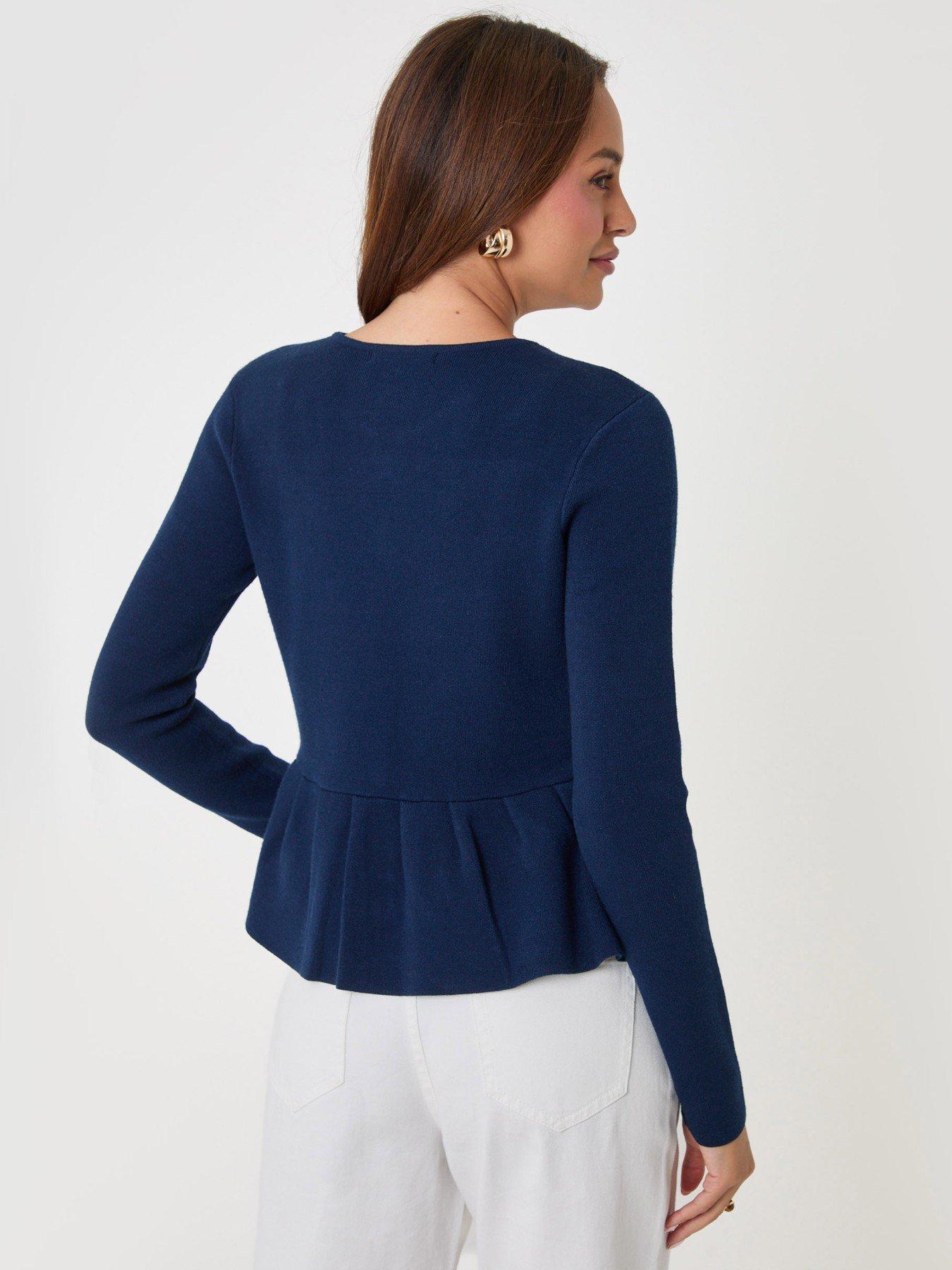 Image 2 of 4 of Threadbare Crew Neck Peplum Cardigan In Navy