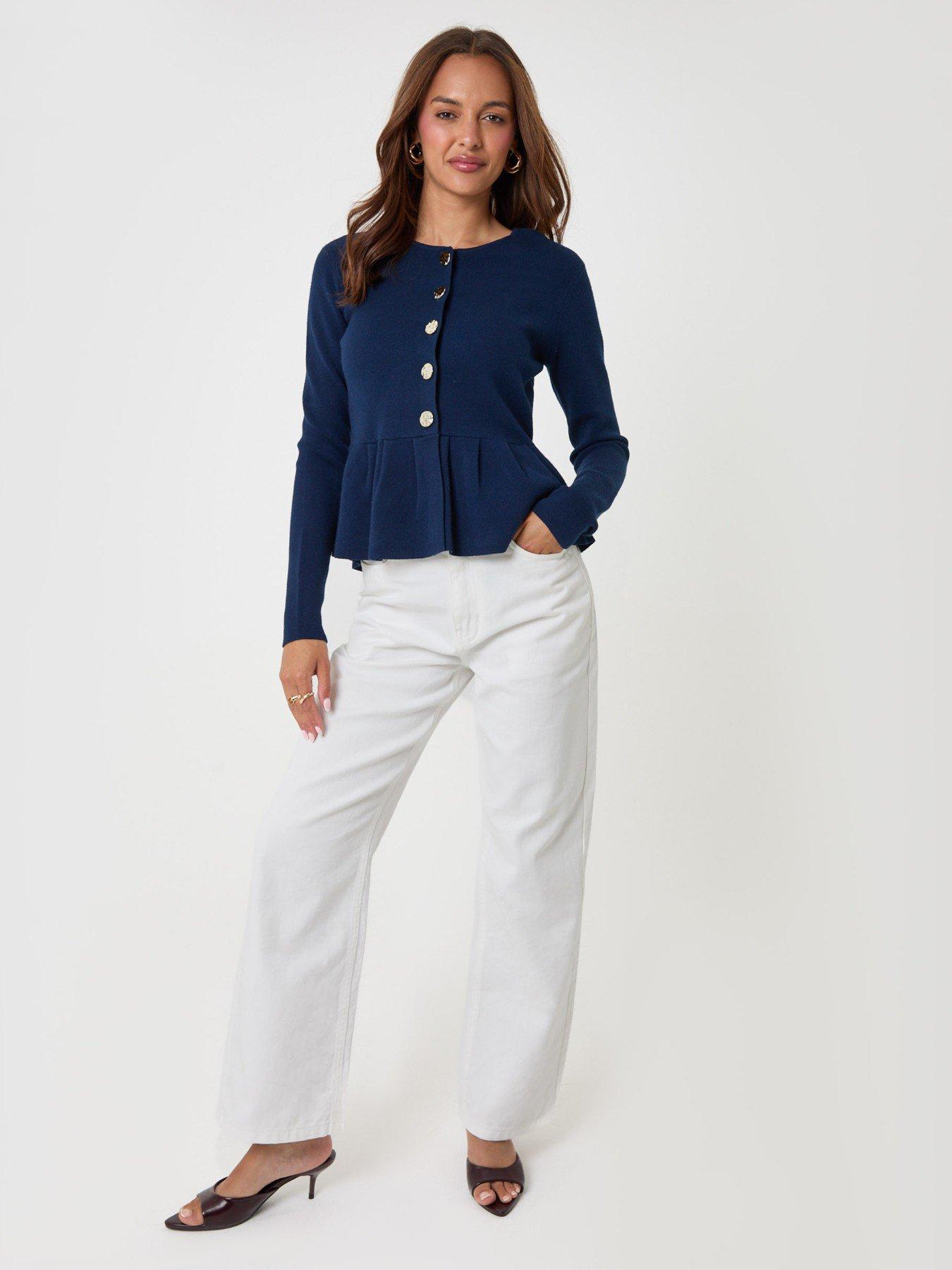 Image 3 of 4 of Threadbare Crew Neck Peplum Cardigan In Navy