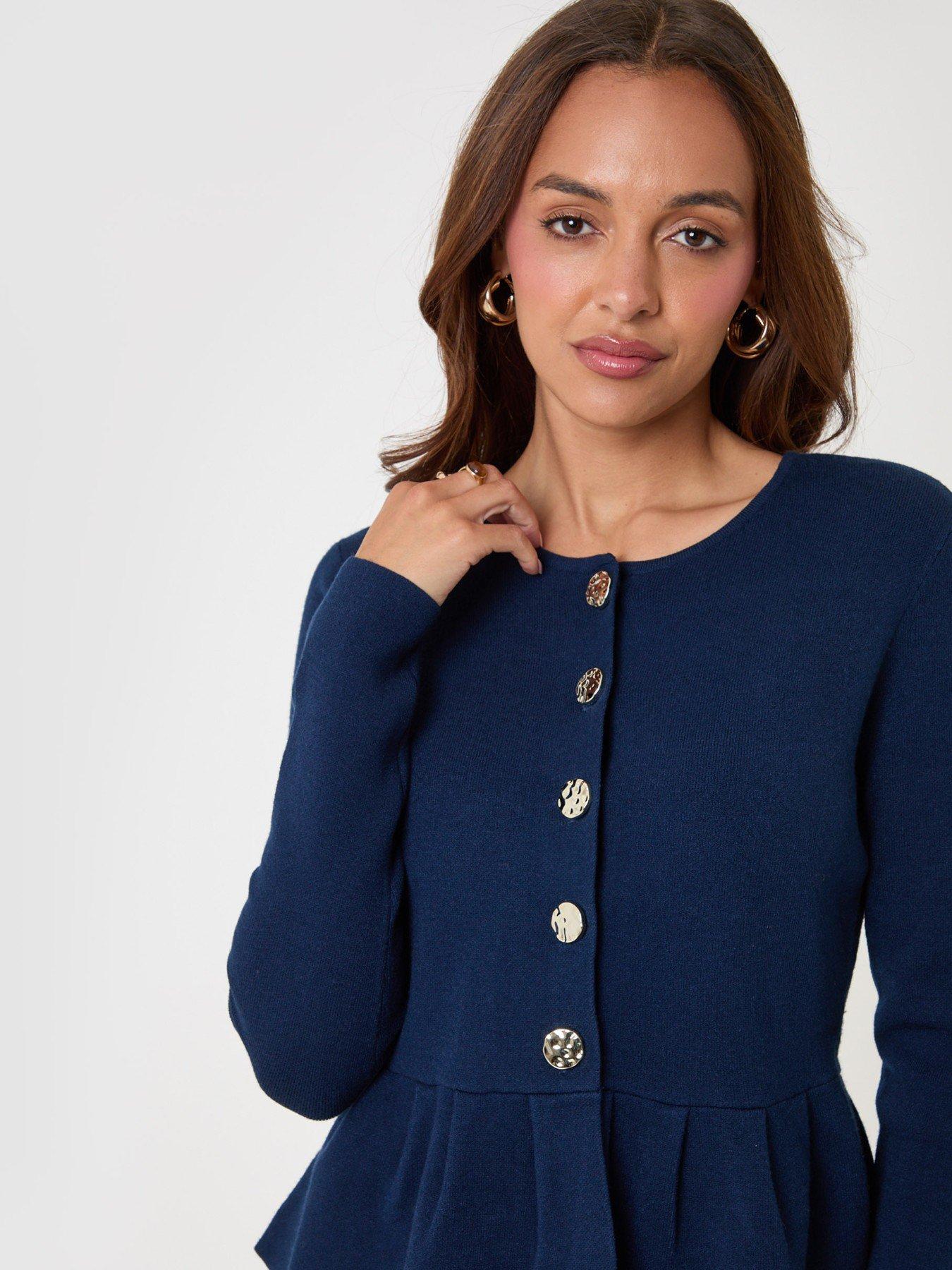 Image 4 of 4 of Threadbare Crew Neck Peplum Cardigan In Navy