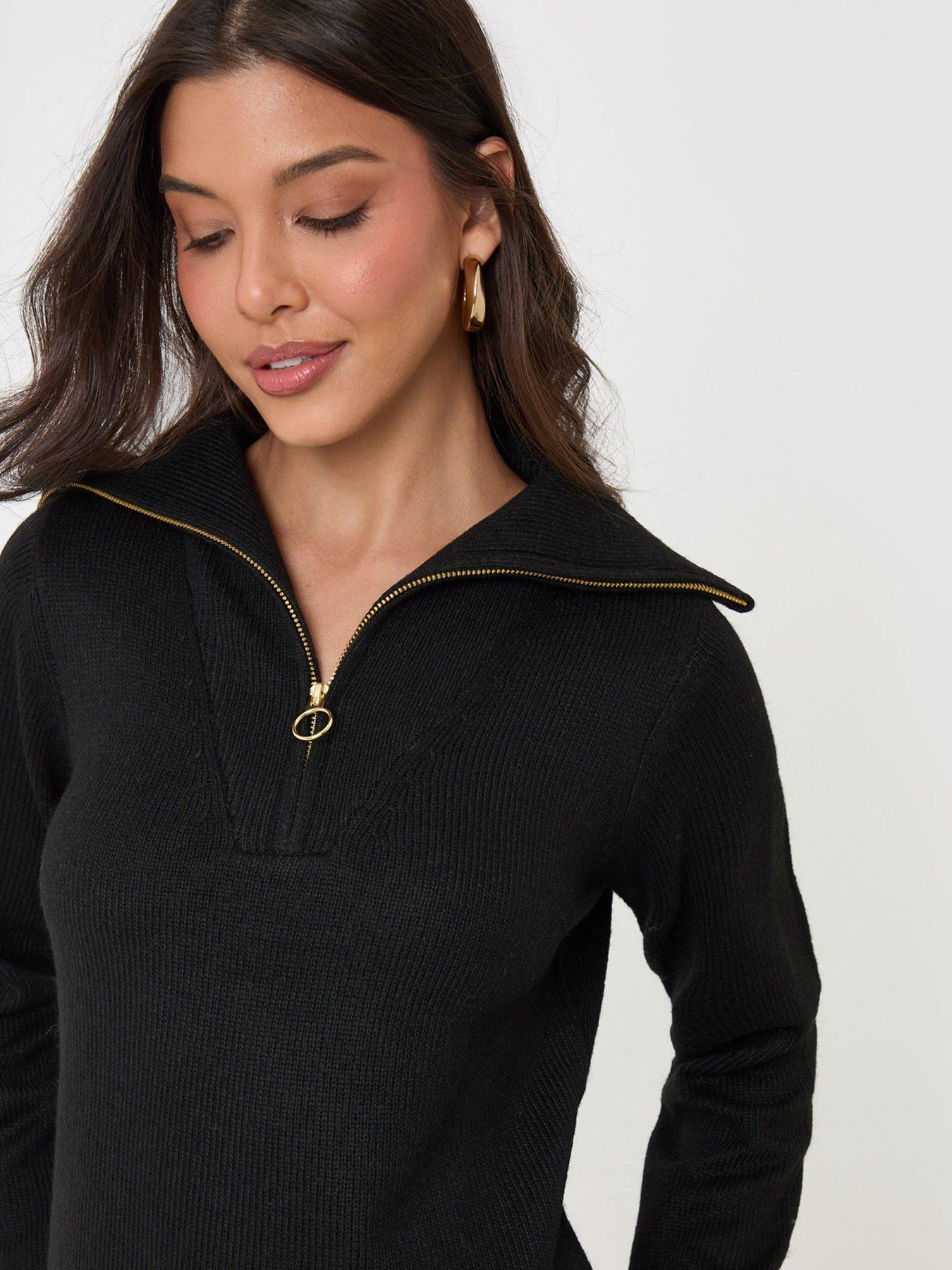 Image 4 of 4 of Threadbare Quarter Zip Brushed Knit Mini Dress In Black