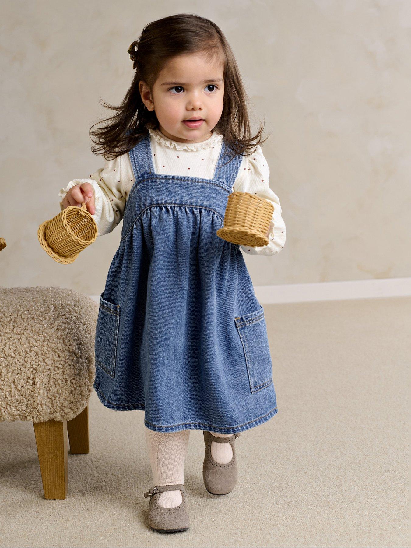 Mamas & Papas Baby Girls 2 Piece Denim Pinny Dress  &  Heart Bodysuit Set - Multi