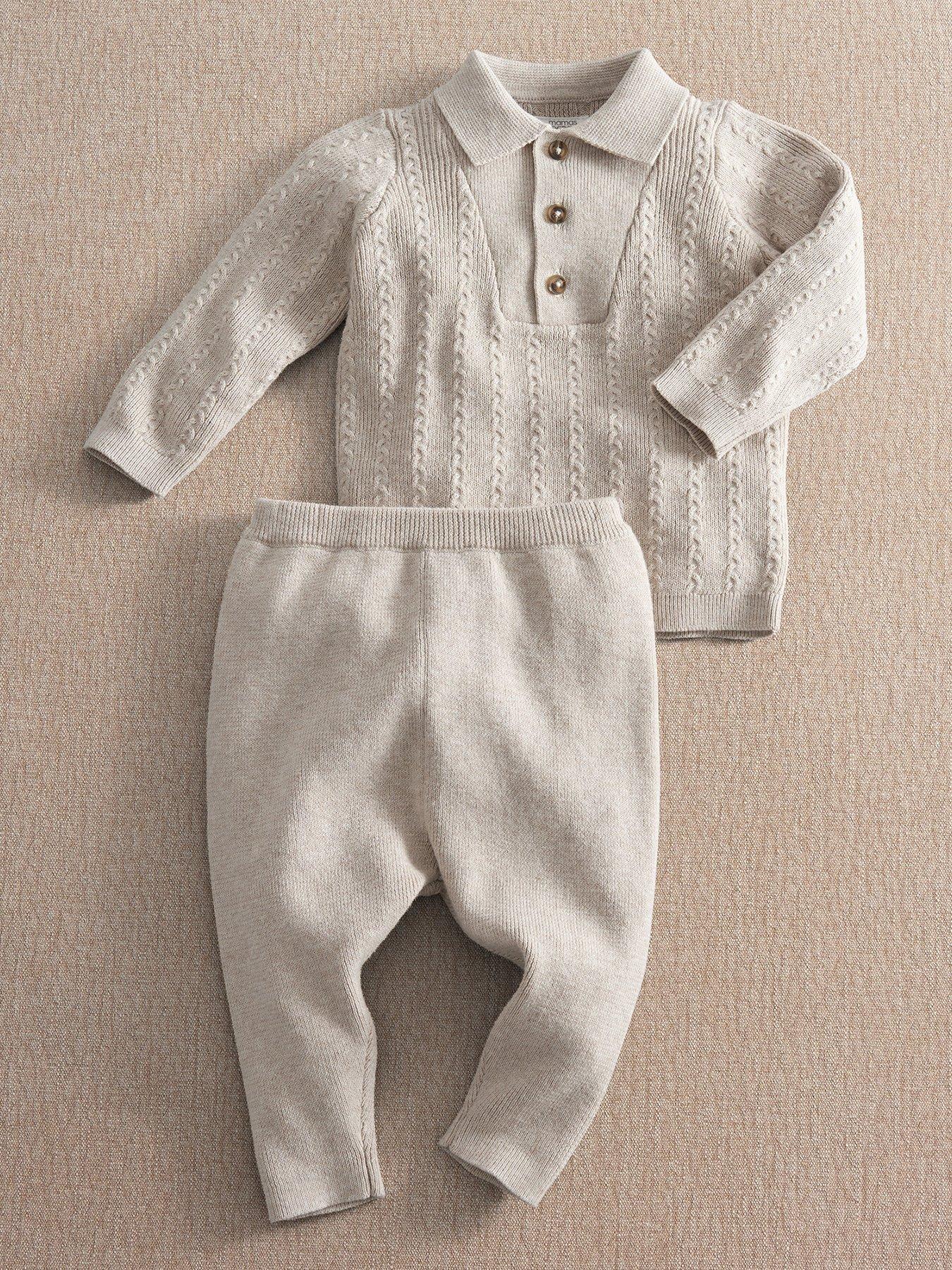 Mamas & Papas Baby Boys 2 Piece Knitted Polo Collar Jumper  &  Rib Trousers Set - Cream