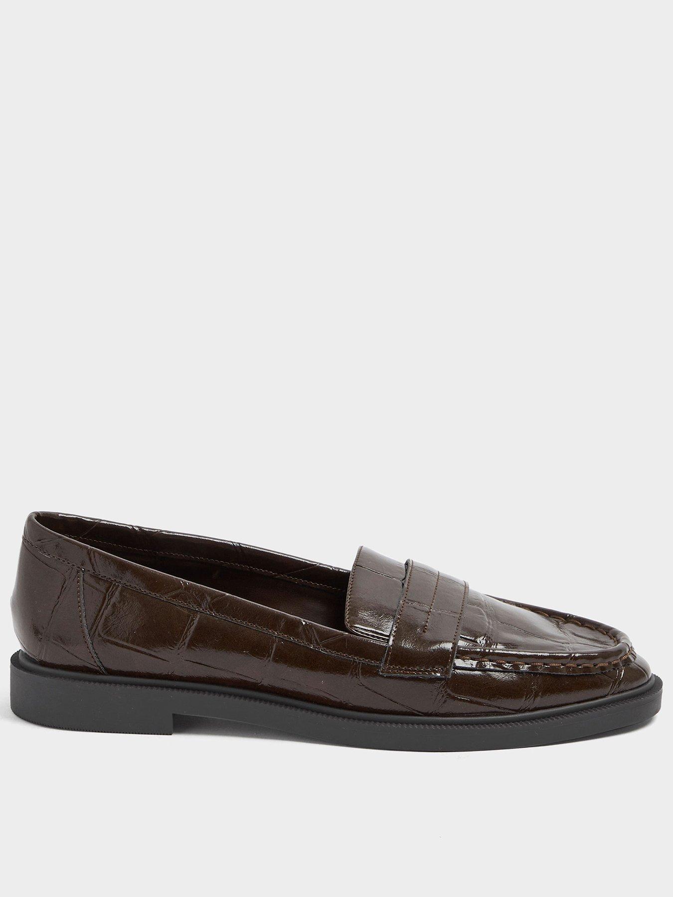 Yours Curve Wide Fit Croc Embossed Loafers - Brown