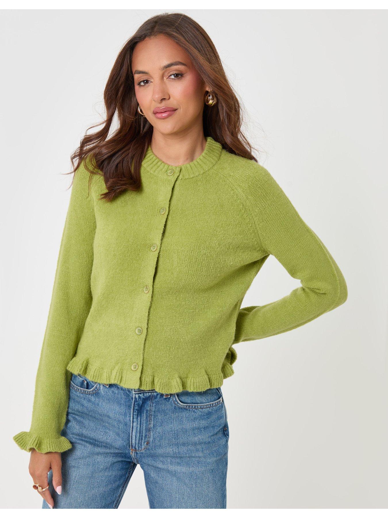 Image 1 of 4 of Threadbare Womens Ruffle Hem Raglan Sleeve Button-Through Cardigan - Green
