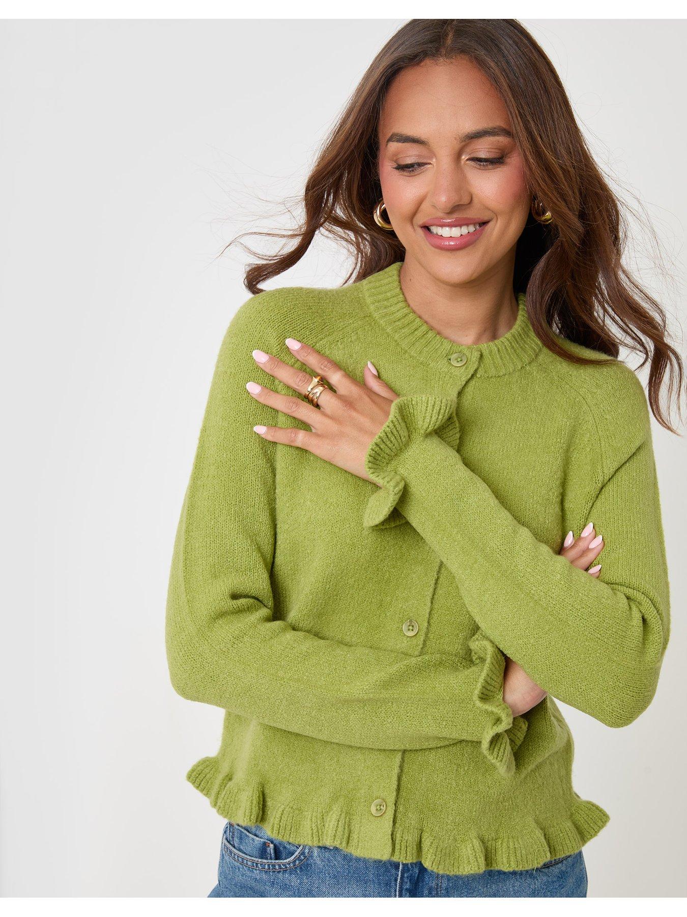 Image 4 of 4 of Threadbare Womens Ruffle Hem Raglan Sleeve Button-Through Cardigan - Green