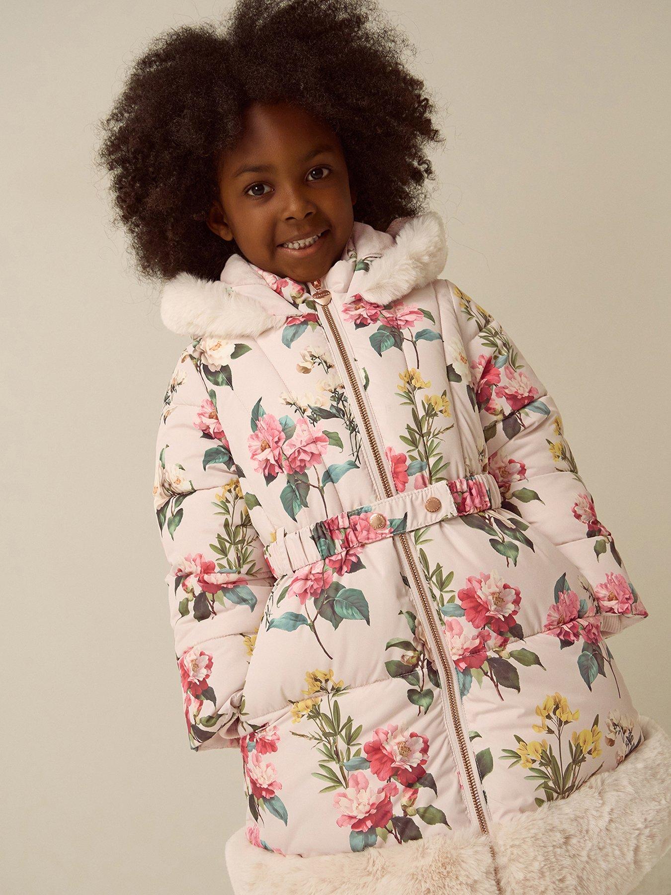 Monsoon Girls Botanical Faux Fur Trim Coat - Cream