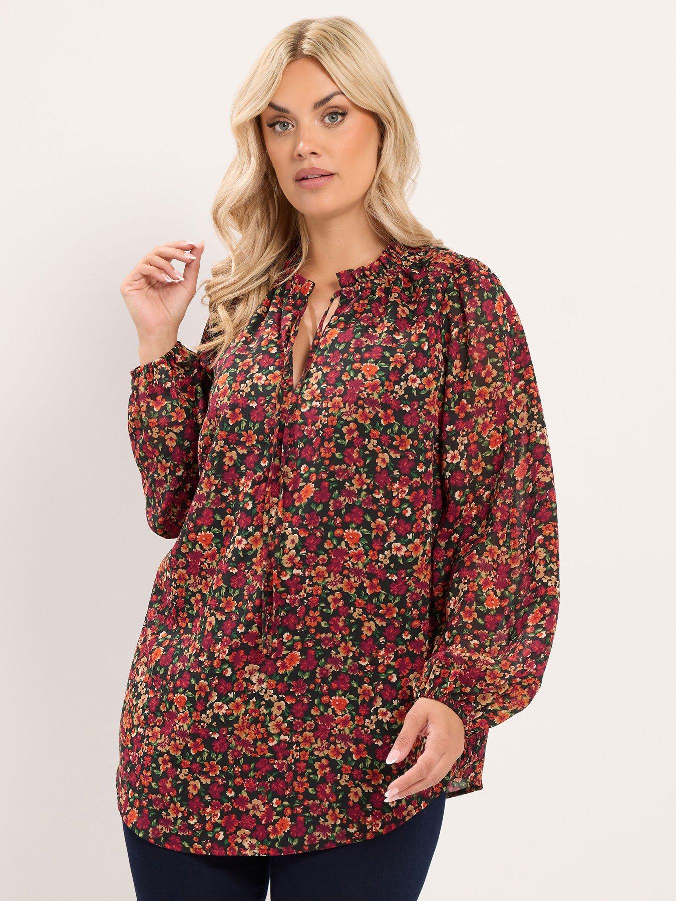 Yours Curve Frill Neck Lined Blouse - Orange