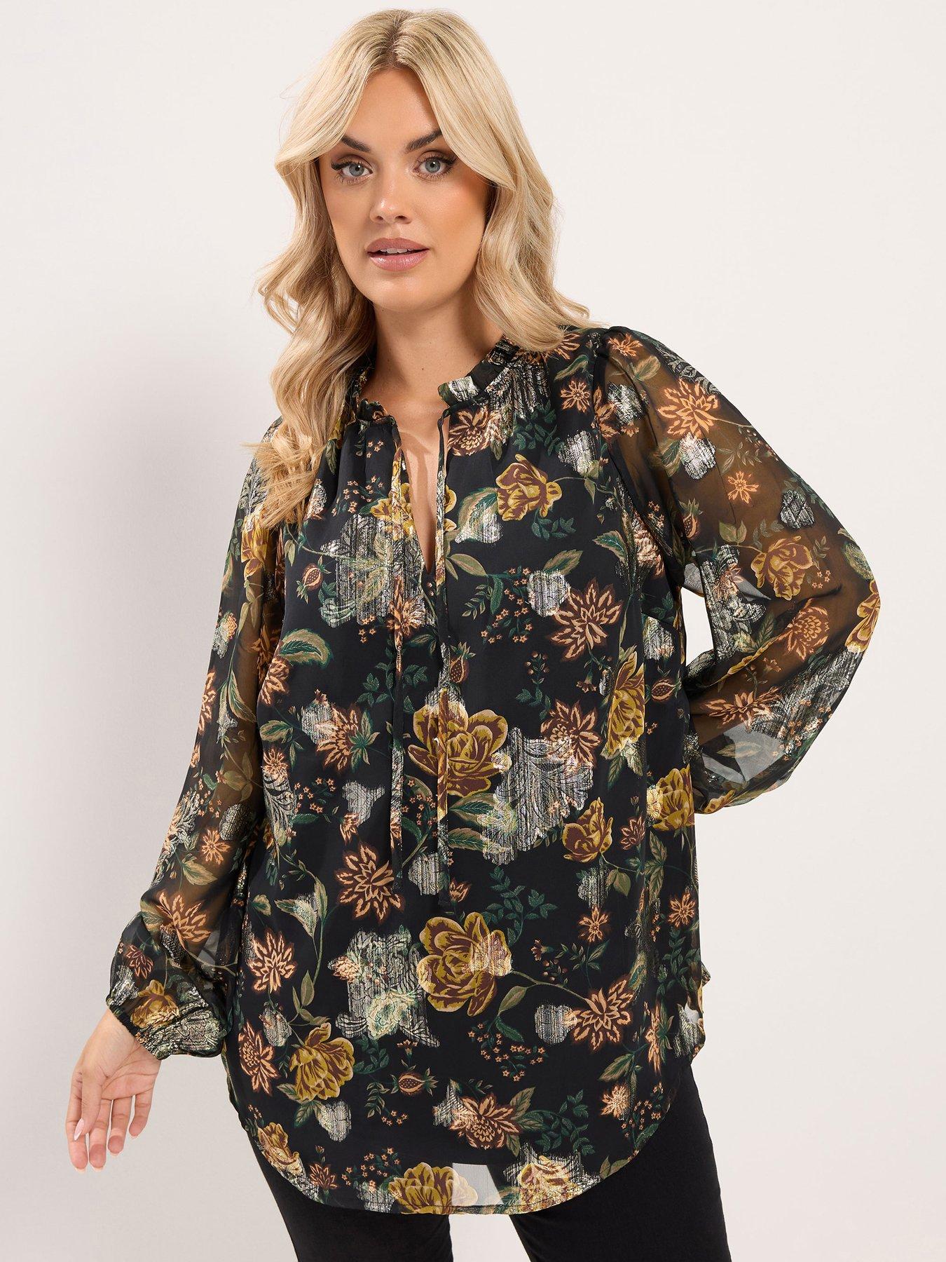Yours Curve Frill Neck Lined Blouse - Black