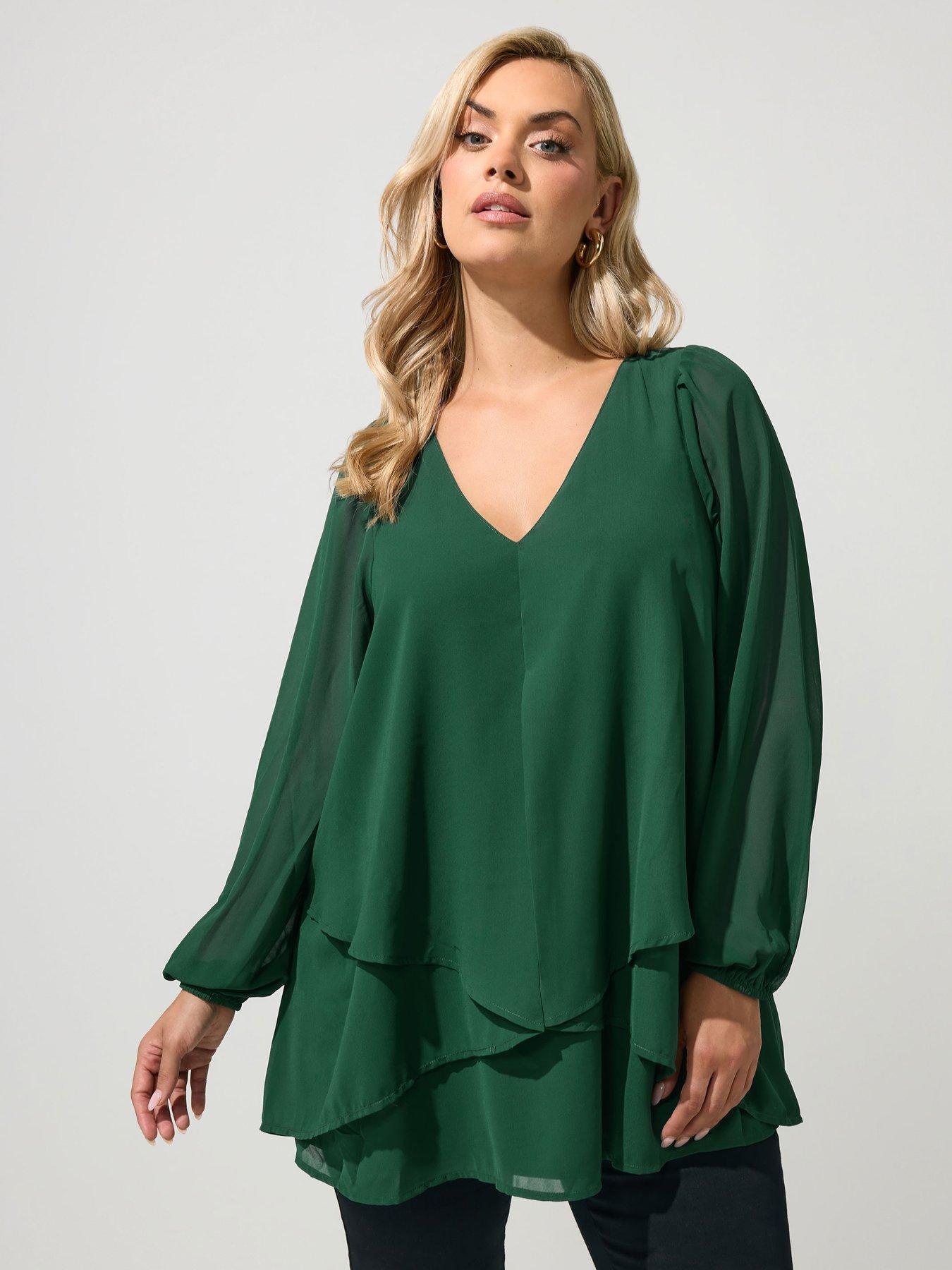 Yours Curve Long Sleeve Layered Blouse - Green