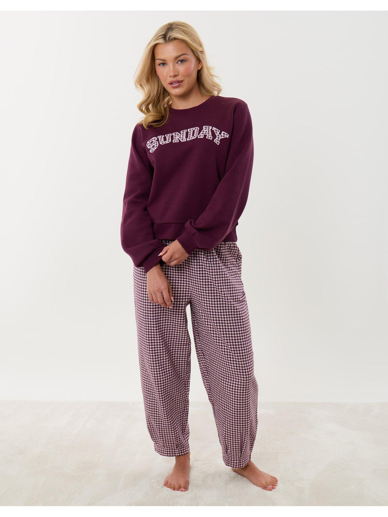 Image 1 of 4 of Threadbare Sweatshirt & Barrel Leg Trousers Pyjama Set In Plum Gingham