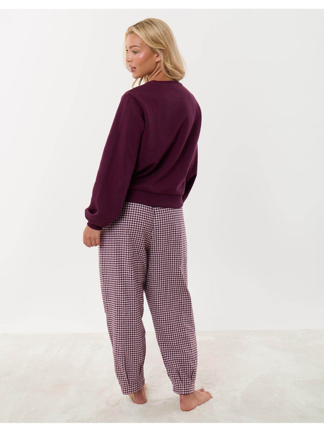 Image 2 of 4 of Threadbare Sweatshirt & Barrel Leg Trousers Pyjama Set In Plum Gingham