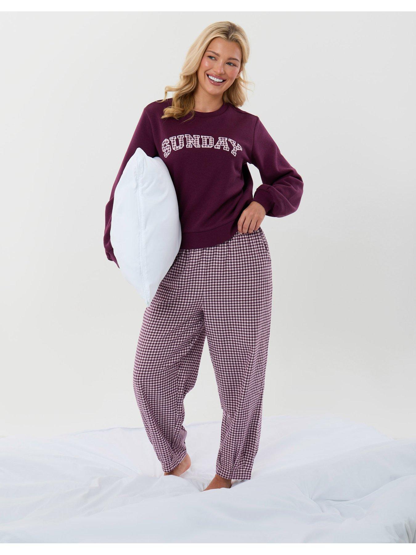 Image 3 of 4 of Threadbare Sweatshirt & Barrel Leg Trousers Pyjama Set In Plum Gingham