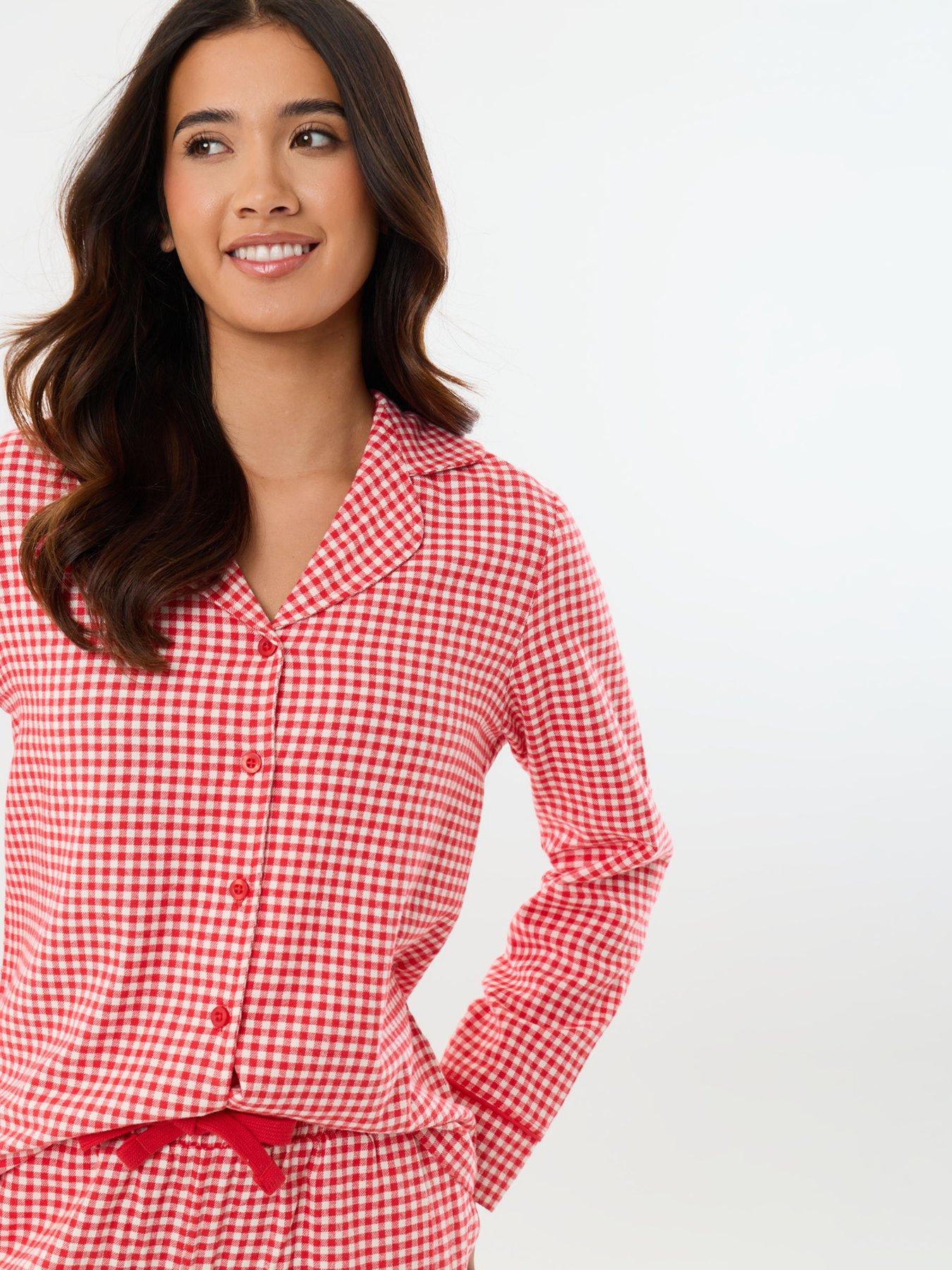 Image 4 of 4 of Threadbare Womens Button-Down Soft Cotton Gingham Pyjama Set - Red