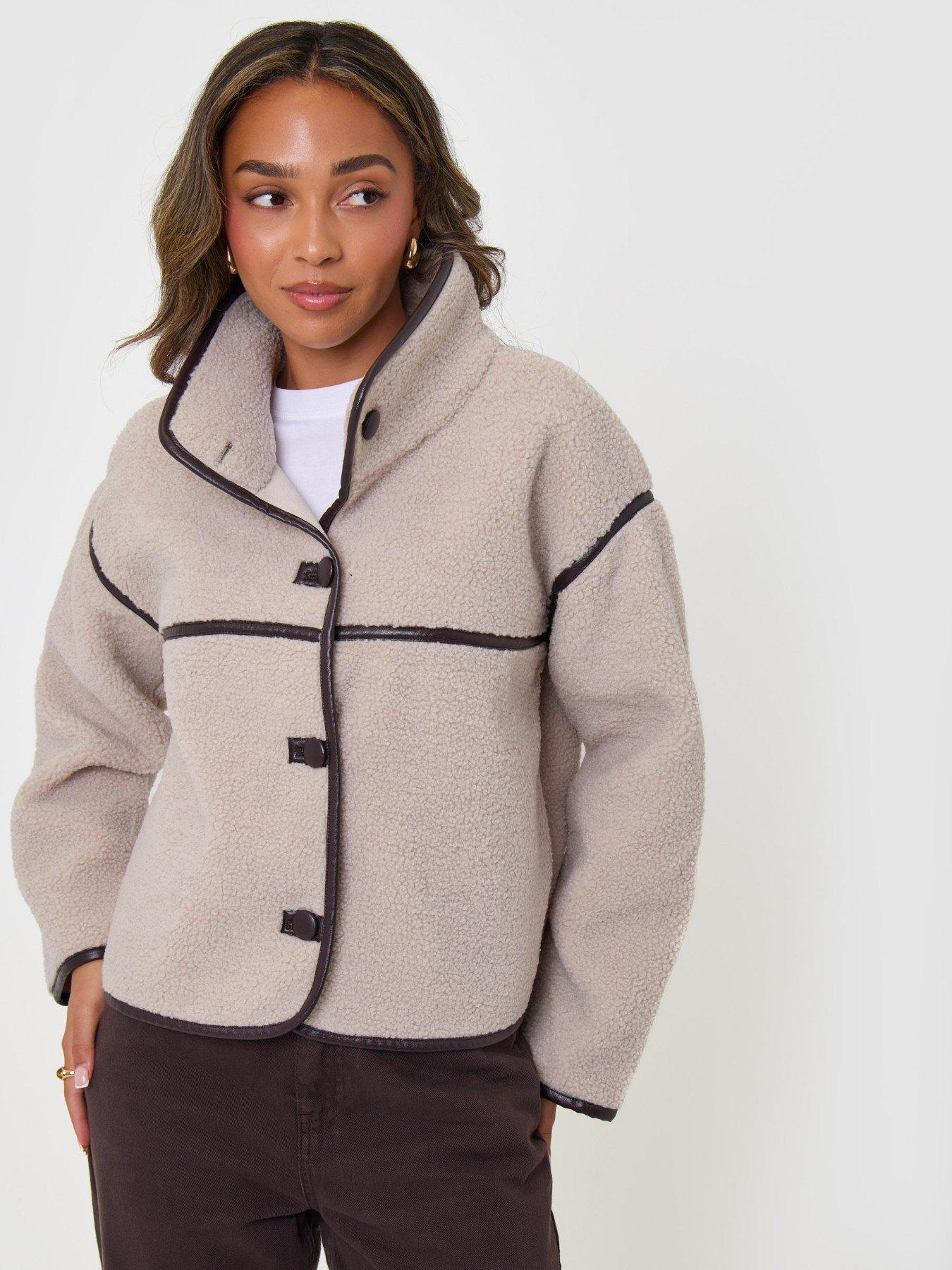 Image 4 of 5 of Threadbare Tab Detail Funnel Neck Fleece In Mushroom Brown