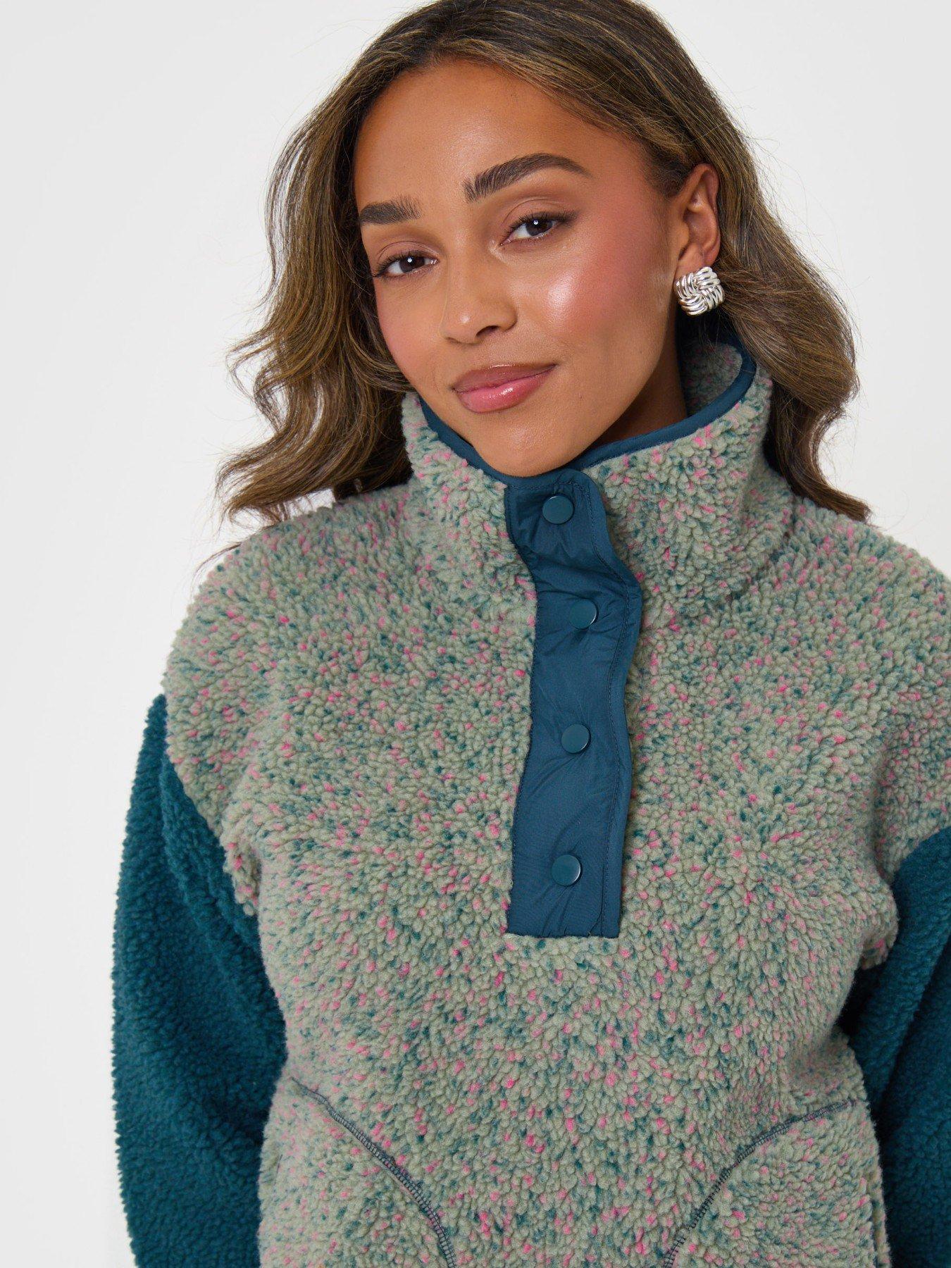Image 4 of 5 of Threadbare Womens Contrast Sleeve Funnel Neck Fleece - Green