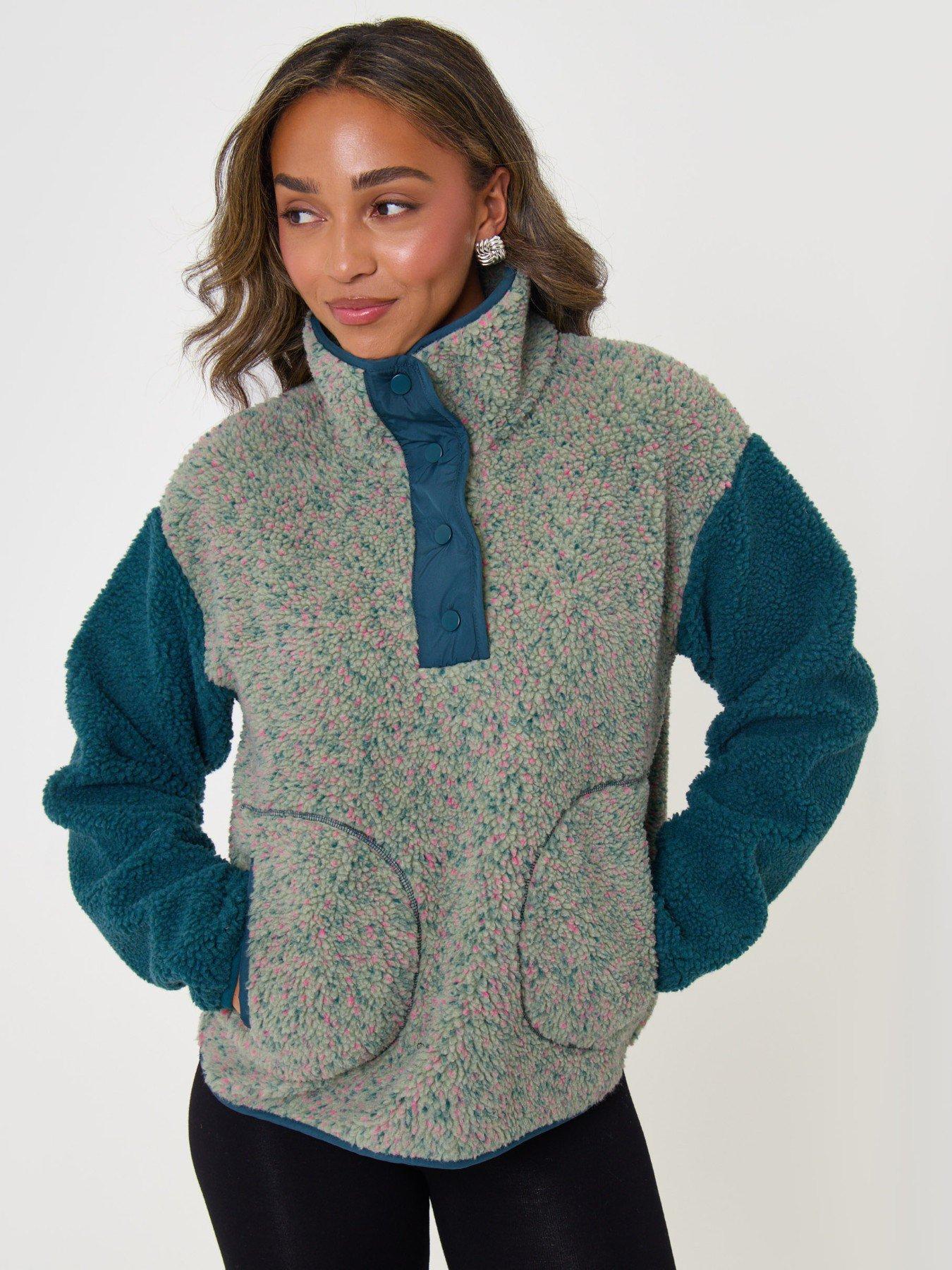 Image 5 of 5 of Threadbare Womens Contrast Sleeve Funnel Neck Fleece - Green