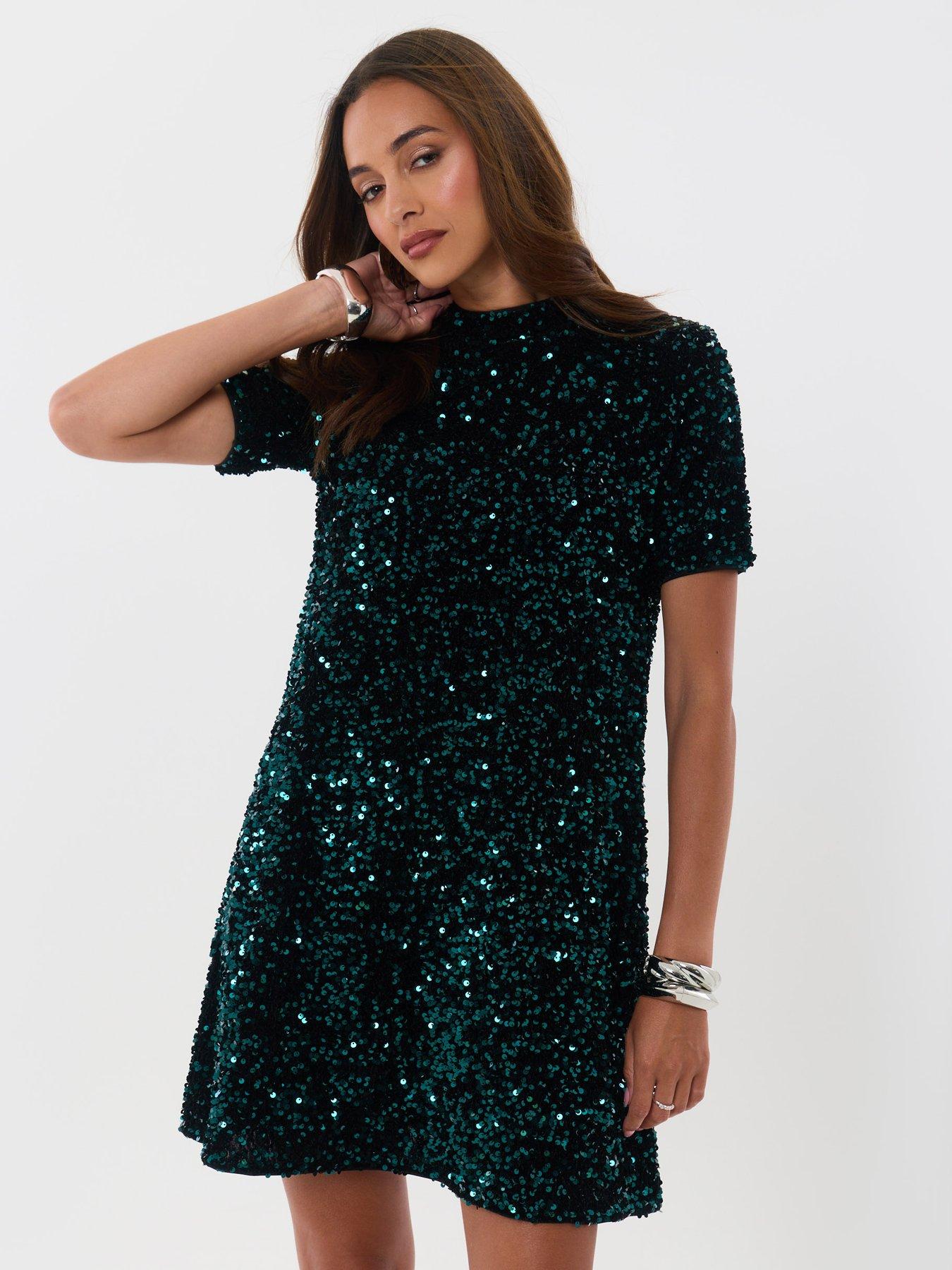 Image 1 of 7 of Threadbare Womens Sequin Swing Bow Back Mini Dress - Green