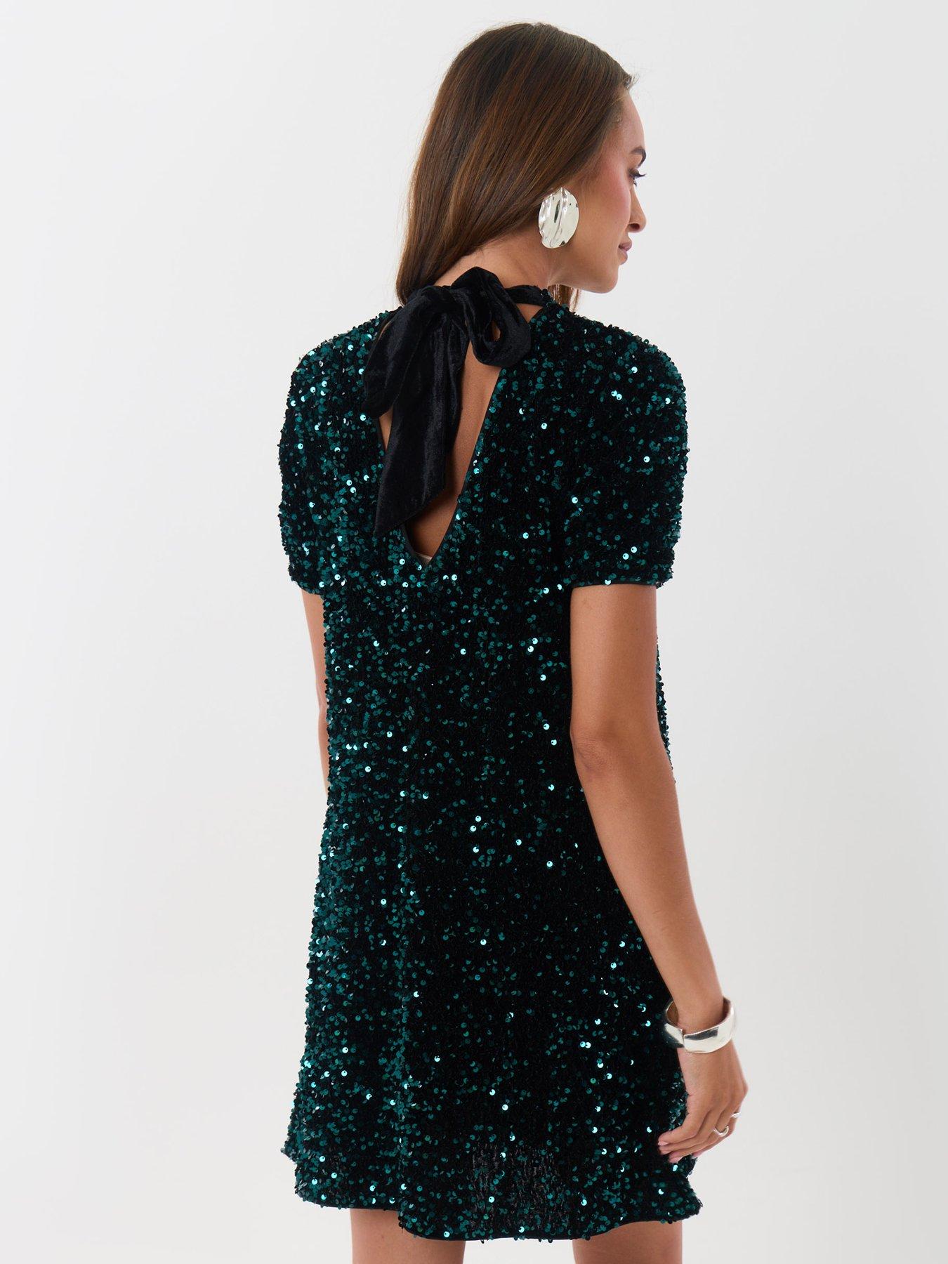 Image 2 of 7 of Threadbare Womens Sequin Swing Bow Back Mini Dress - Green