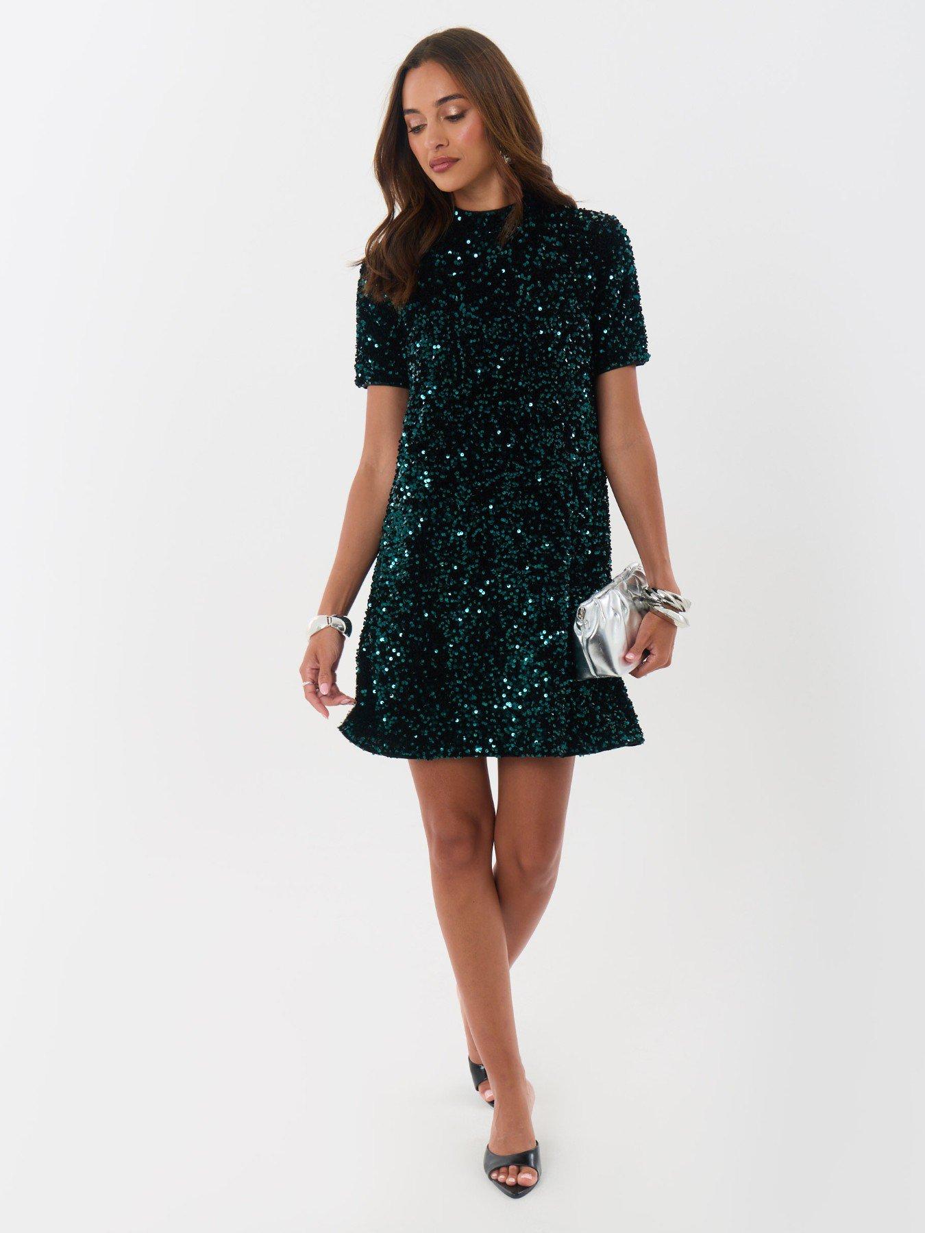 Image 6 of 7 of Threadbare Womens Sequin Swing Bow Back Mini Dress - Green