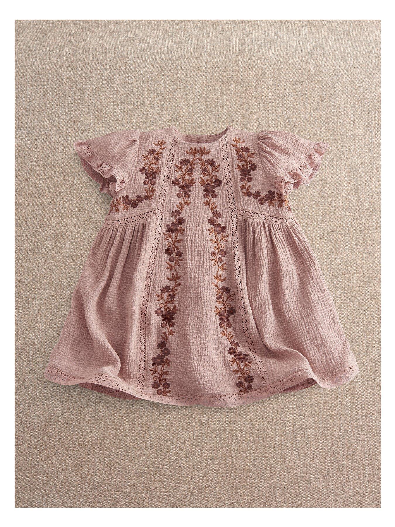 Mamas & Papas Baby Girls Floral Embroidered Lace Trim Dress - Pink