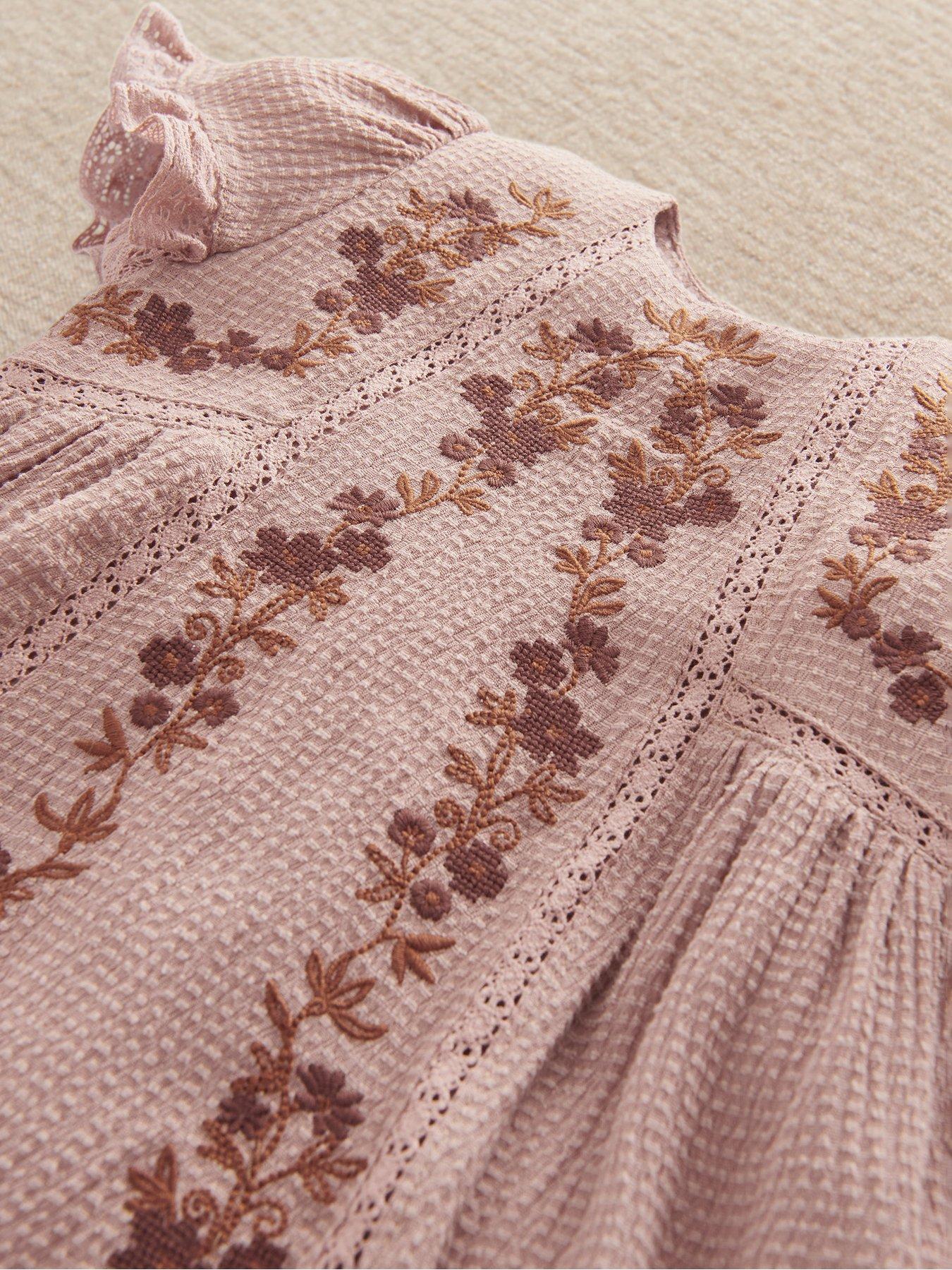 Image 3 of 3 of Mamas & Papas Baby Girls Floral Embroidered Lace Trim Dress - Pink