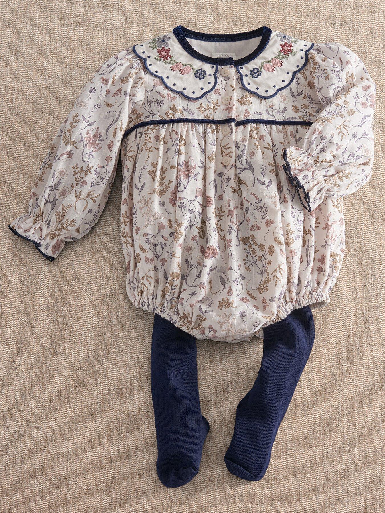 Mamas & Papas Baby Girls 2 Piece Twisted Floral Shortie Romper  &  Tights Set - Multi