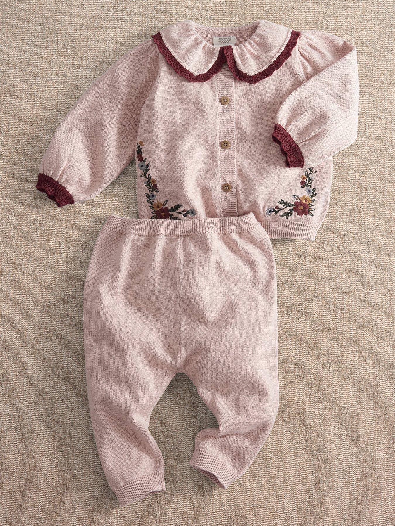 Mamas & Papas Baby Girls 2 Piece Floral Embroidered Knitted Cardigan  &  Leggings Set - Pink