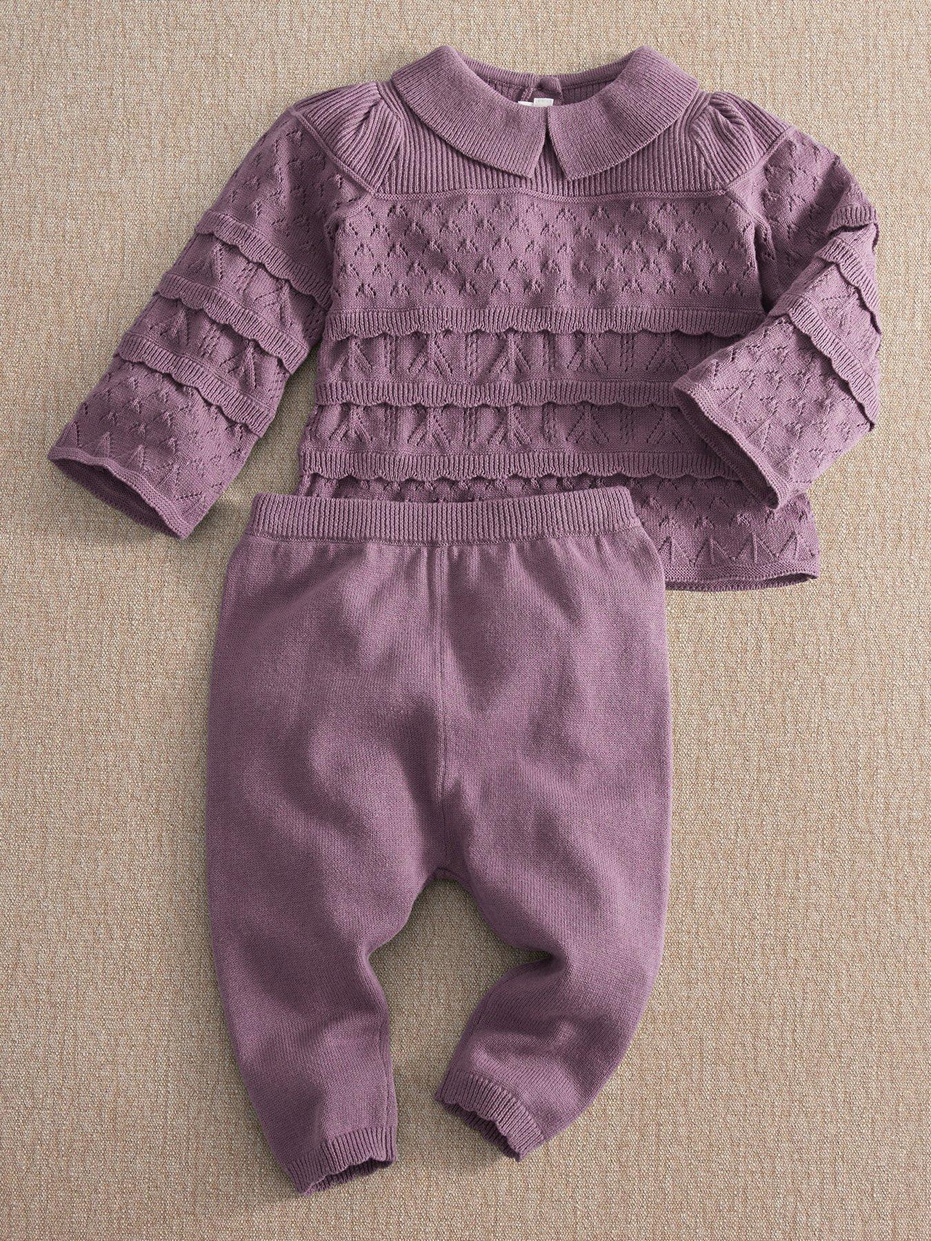 Mamas & Papas Baby Girls Patchwork Knitted Jumper  &  Rib Leggings Set With Scalloped Trims - Dark Purple