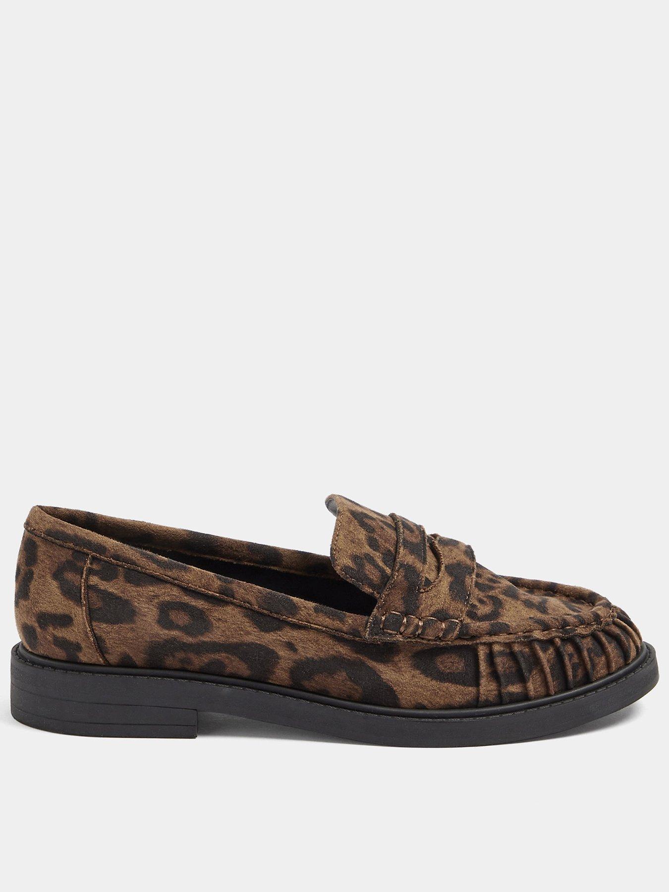 Yours Curve Extra Wide Fit Leopard Print Faux Suede Slip On Loafers - Brown