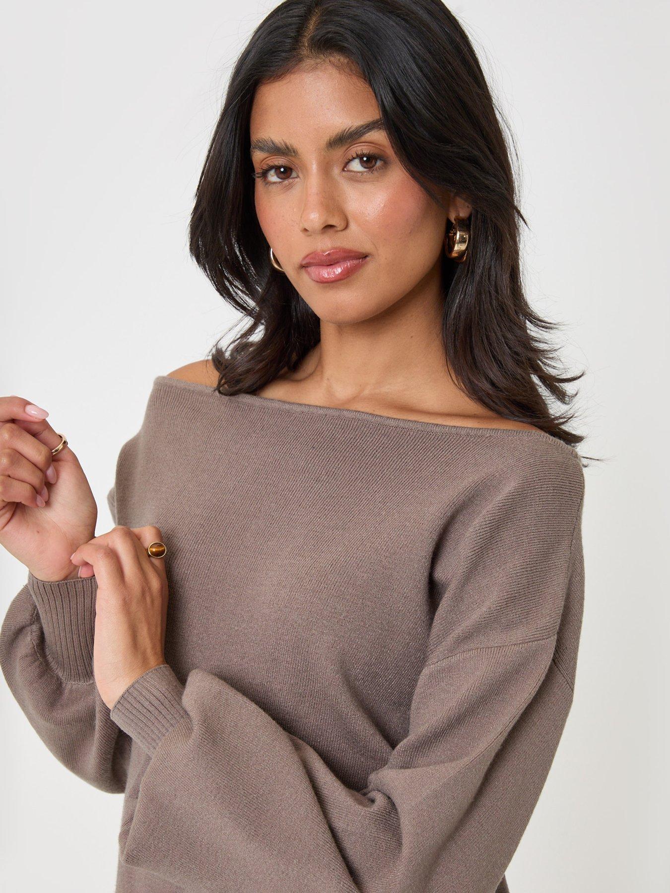 Image 4 of 4 of Threadbare Womens Soft Slash Neck Relaxed Jumper - Brown