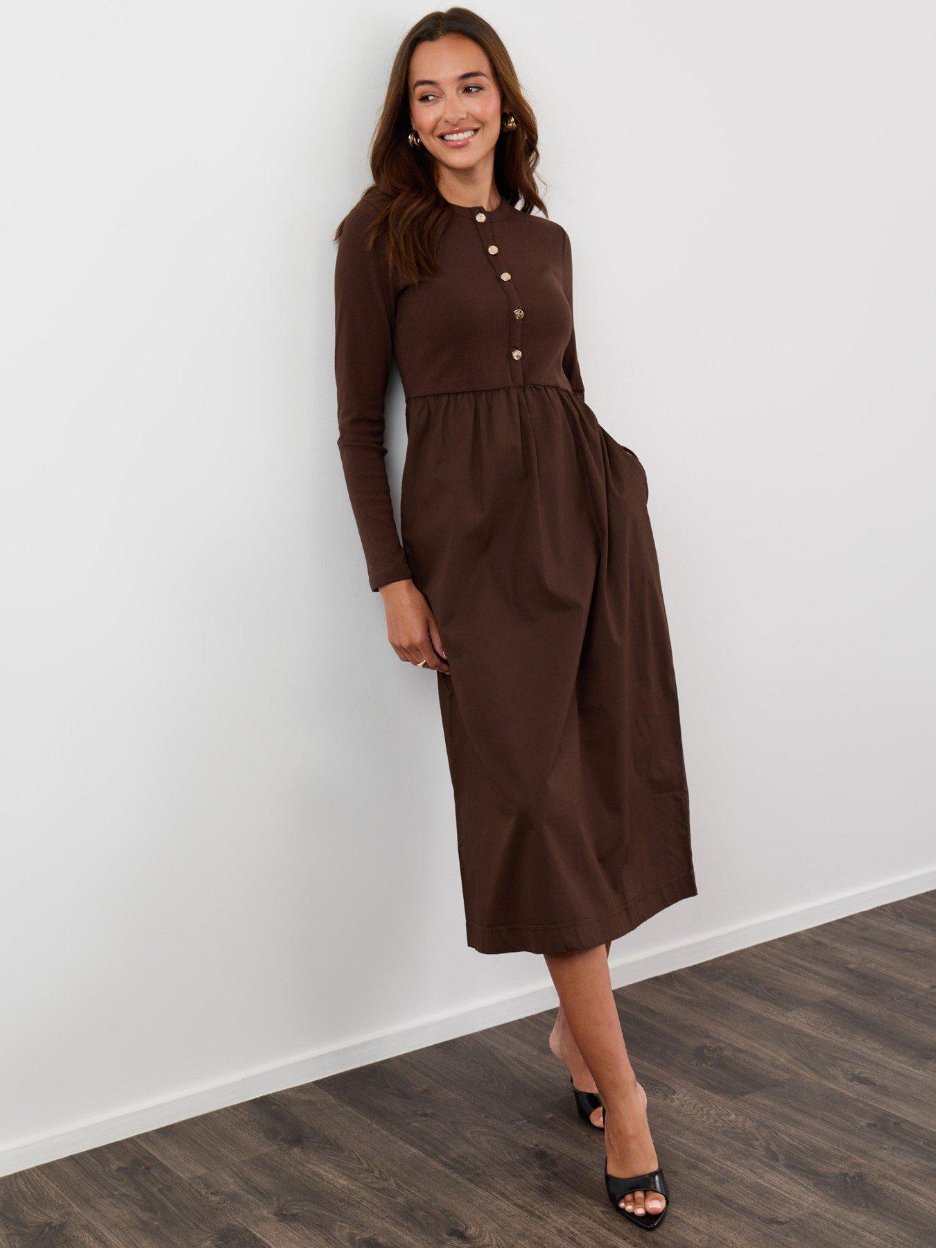 Image 1 of 4 of Threadbare Petite 2 In 1 Button Up Midaxi Dress In Chocolate Brown