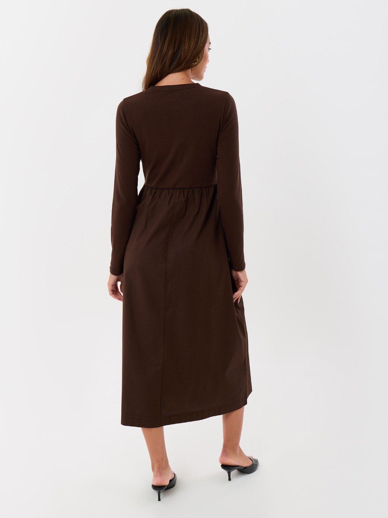 Image 2 of 4 of Threadbare Petite 2 In 1 Button Up Midaxi Dress In Chocolate Brown