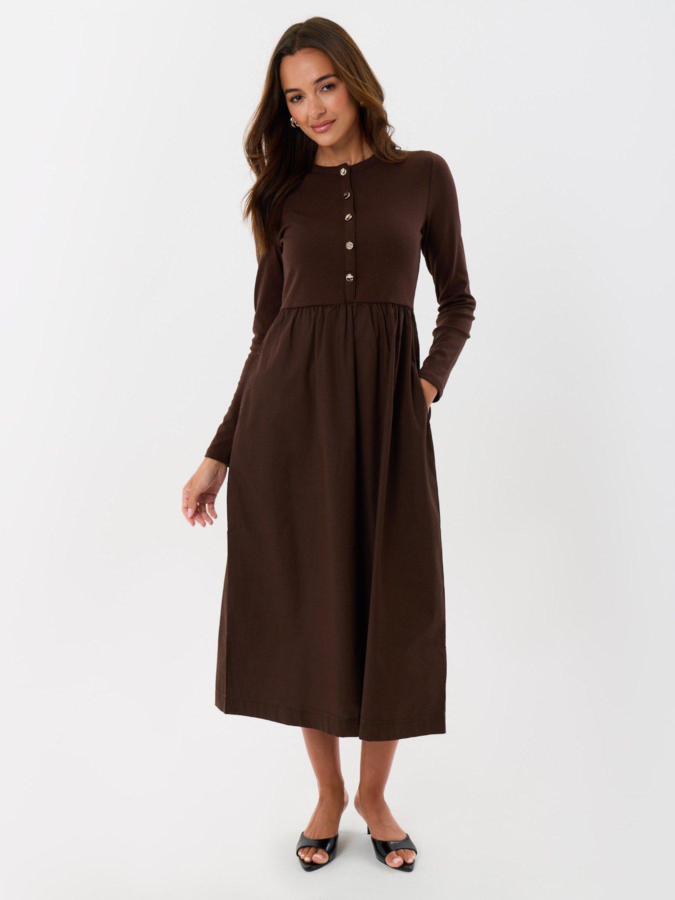 Image 3 of 4 of Threadbare Petite 2 In 1 Button Up Midaxi Dress In Chocolate Brown