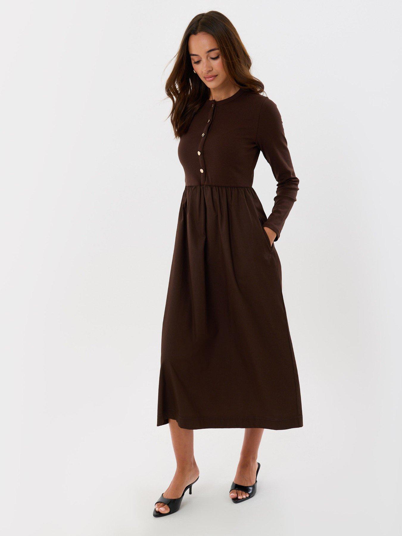 Image 4 of 4 of Threadbare Petite 2 In 1 Button Up Midaxi Dress In Chocolate Brown