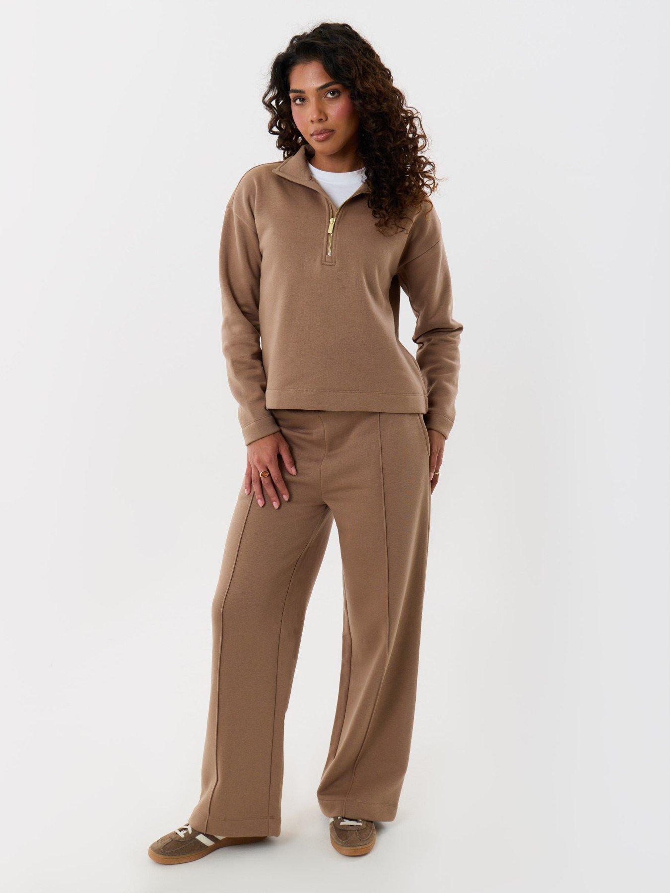 Image 1 of 5 of Threadbare Funnel Neck Wide Leg Sweat Set In Mink Brown