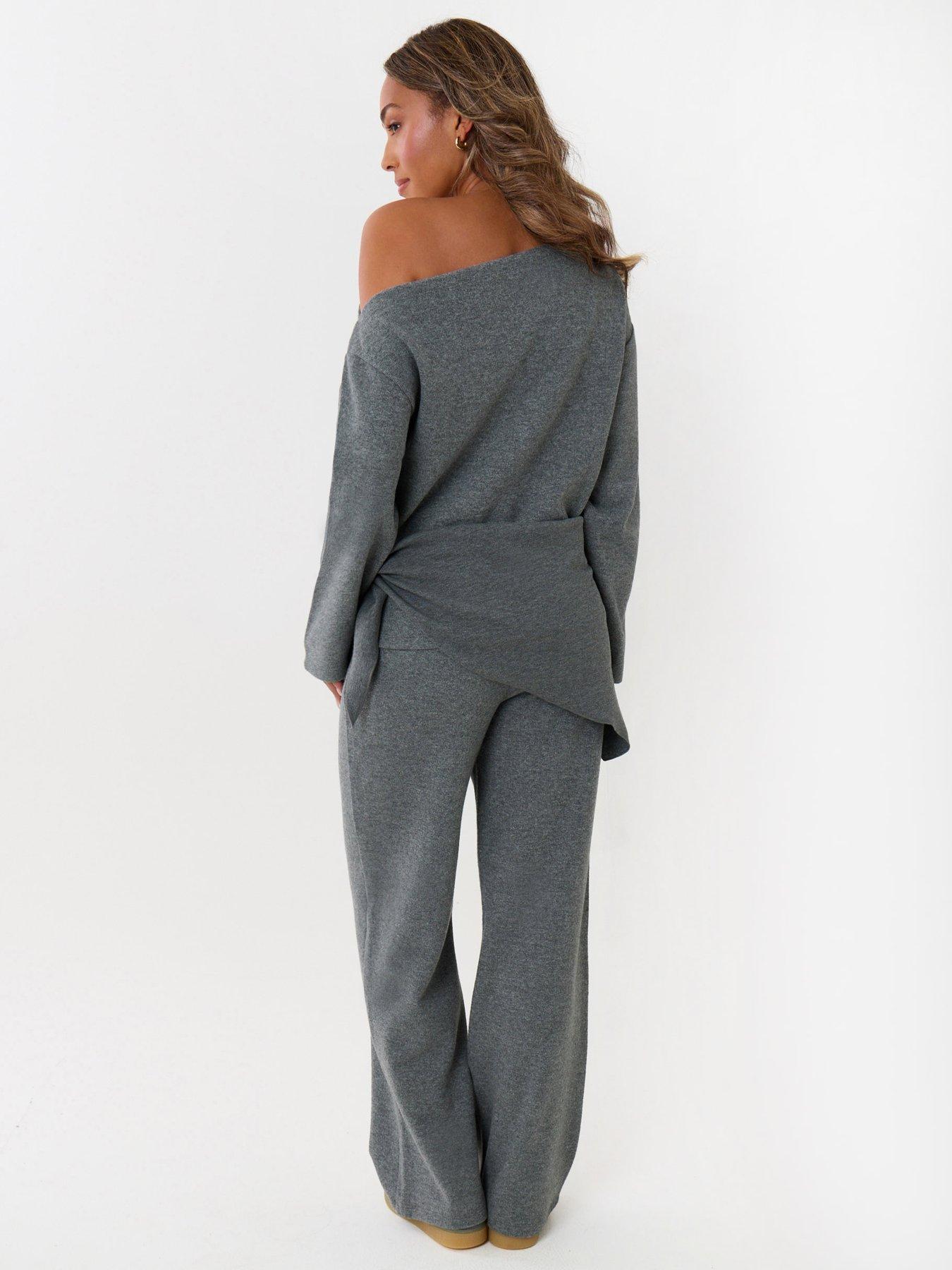 Image 2 of 4 of Threadbare Off Shoulder Top & Wide Leg Co-ord In Grey