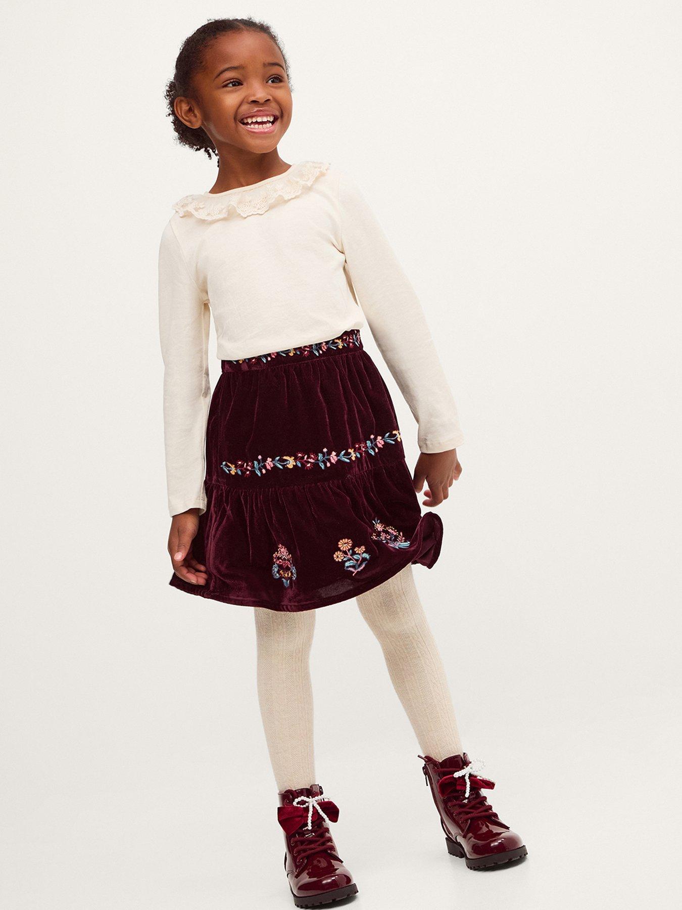 Monsoon Girls Velour Floral Embroidered Skirt - Dark Red