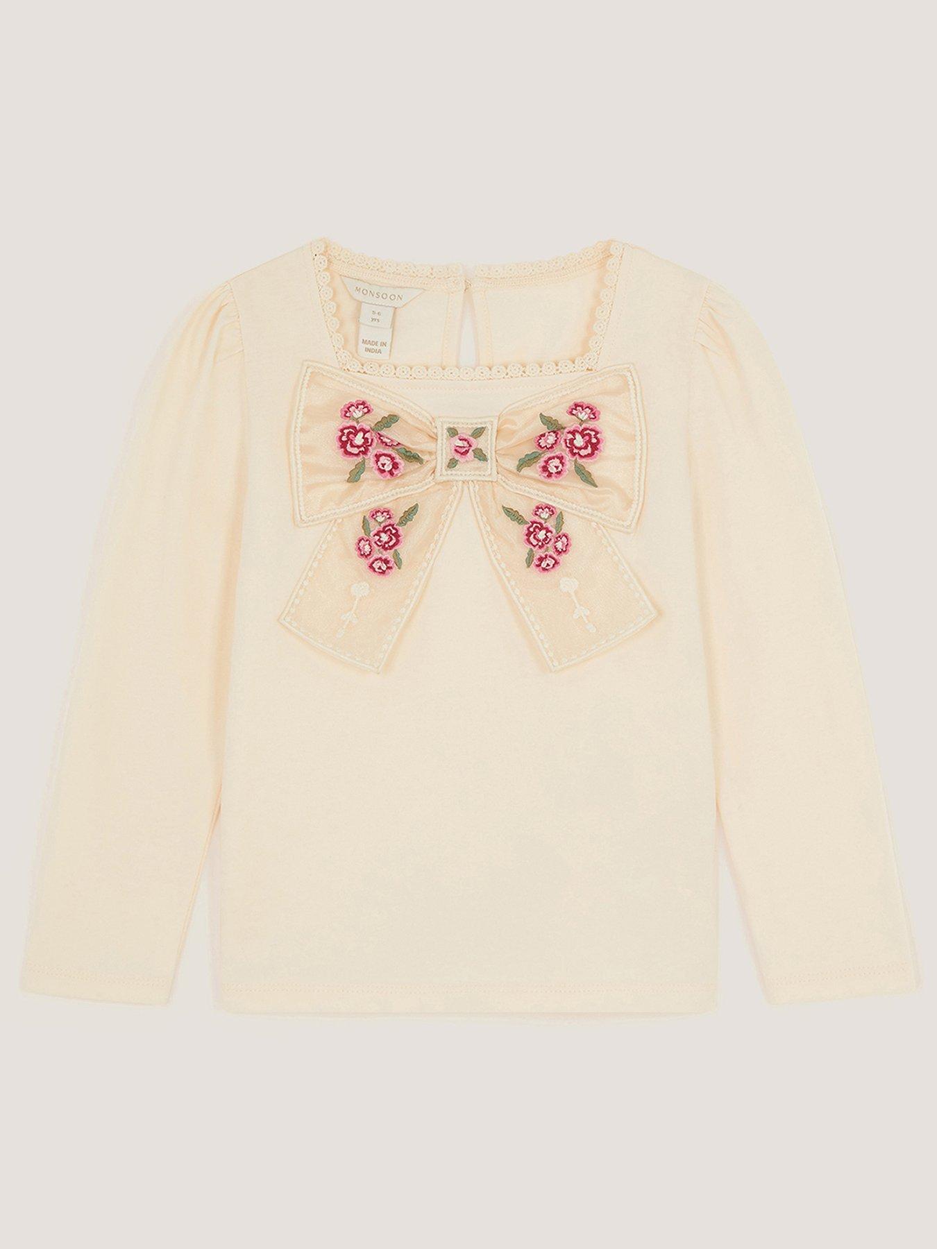 Monsoon Girls Organza Bow Long Sleeve Top - Cream