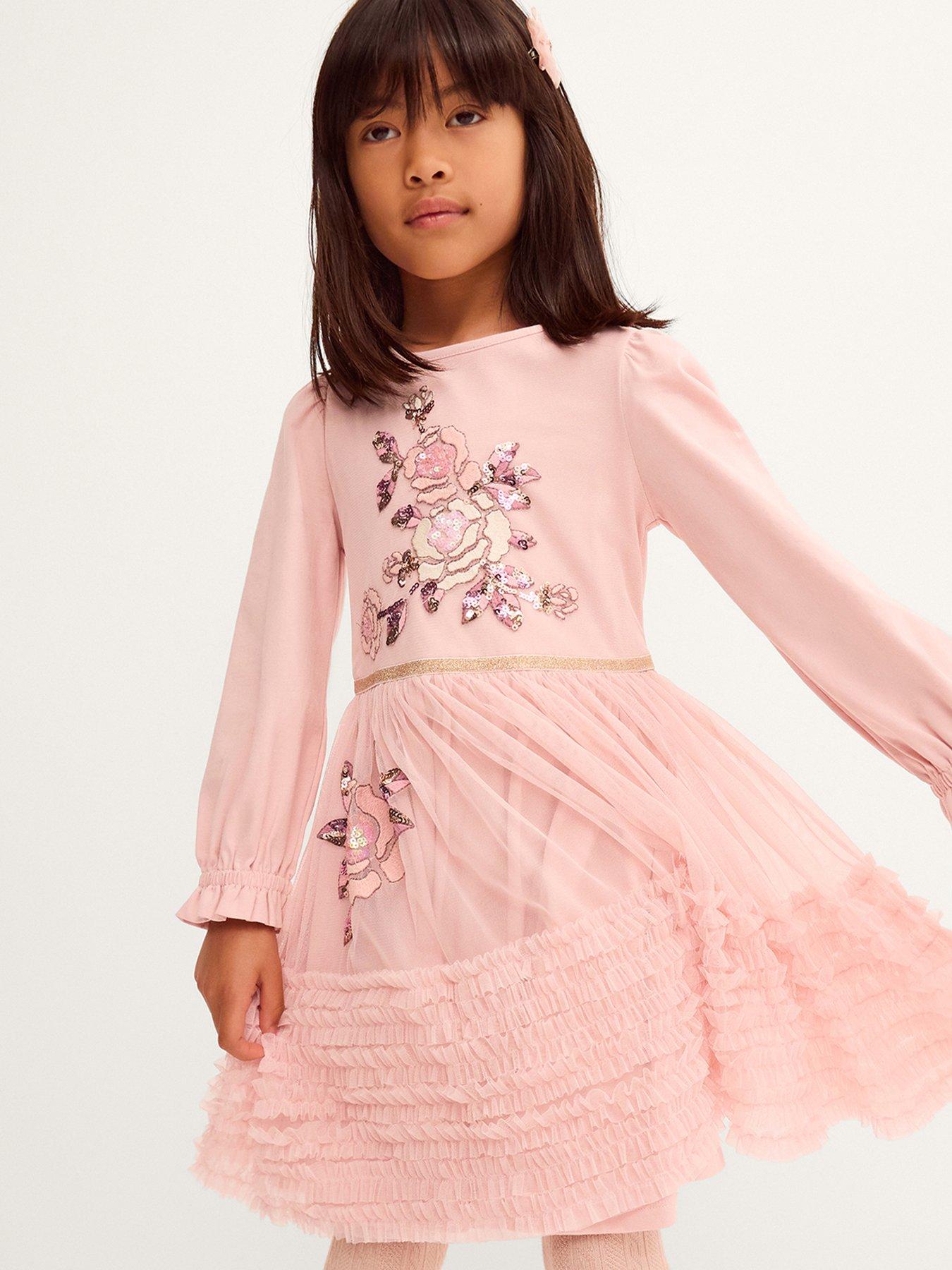 Monsoon Girls Floral Disco Mesh Ruffle Dress - Pink