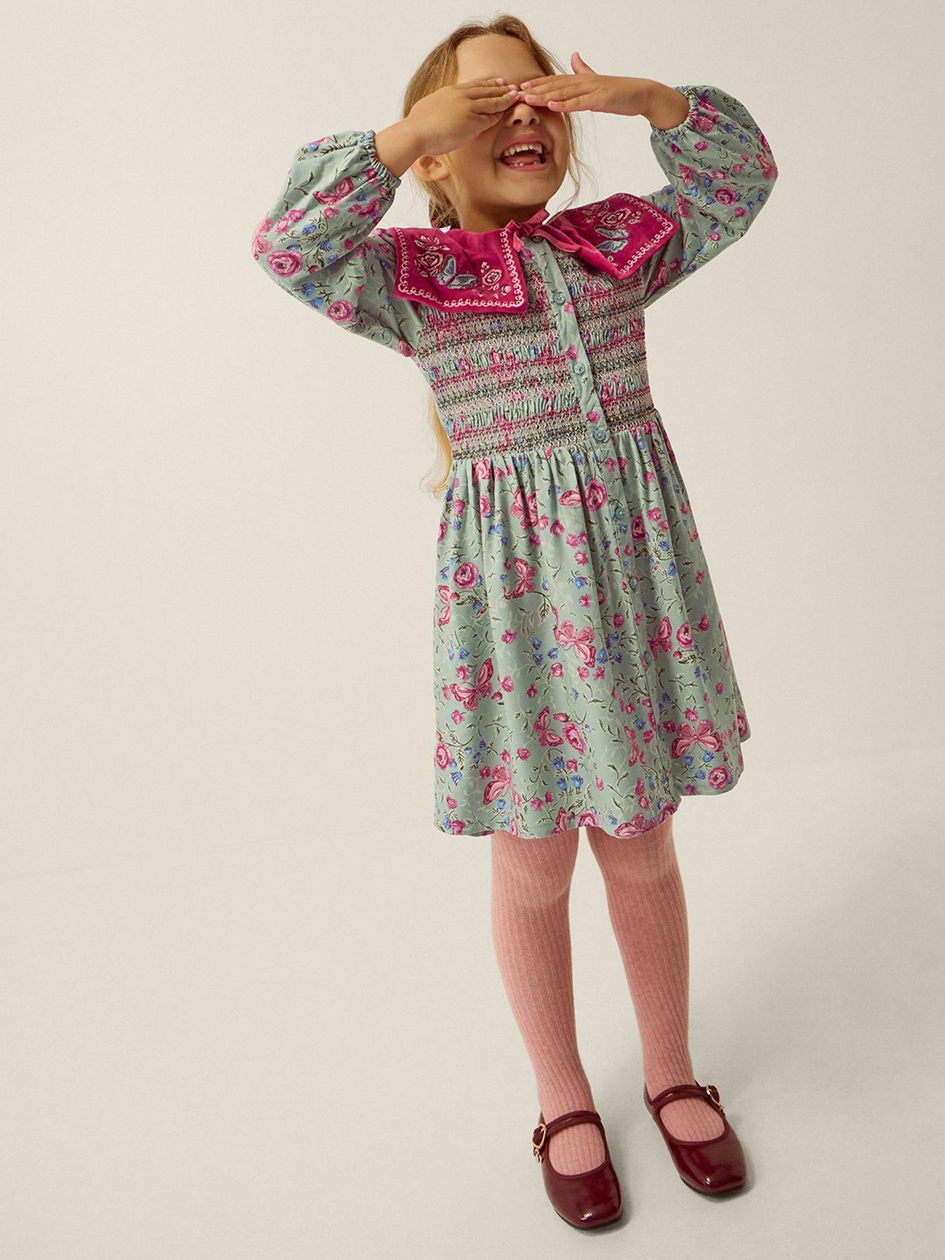 Monsoon Girls Viscose Printed Velvet Collared Dress - Green