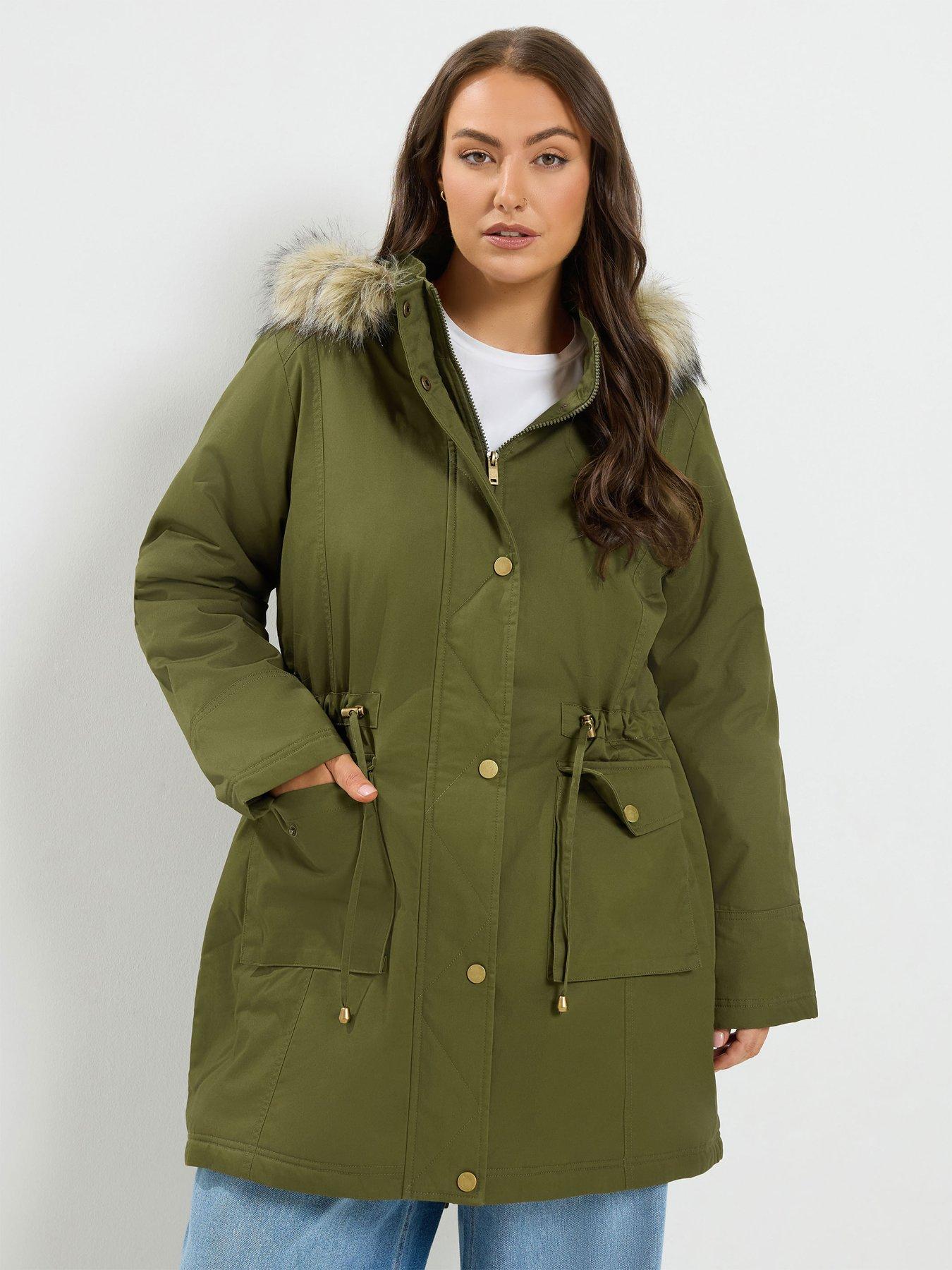 Yours Curve Faux Fur Parka Coat - Green