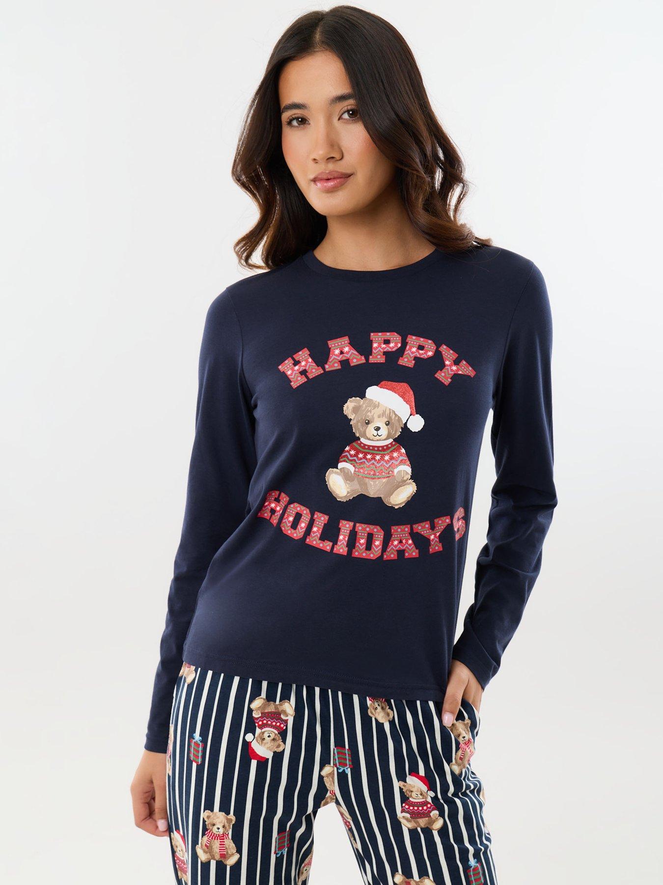 Image 1 of 4 of Threadbare Womens Christmas Theodore Teddy Slogan Pyjama Set - Blue