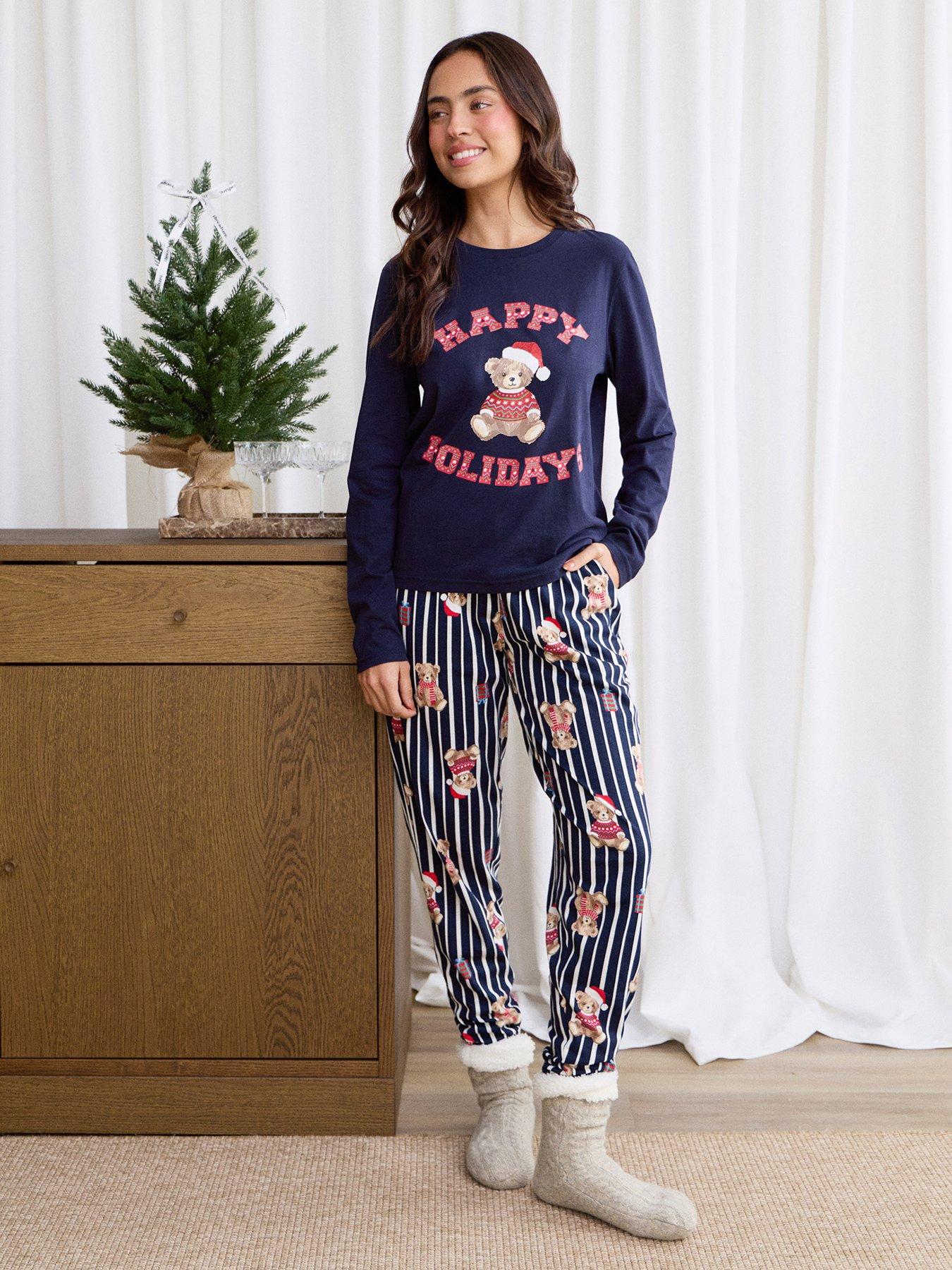 Image 3 of 4 of Threadbare Womens Christmas Theodore Teddy Slogan Pyjama Set - Blue