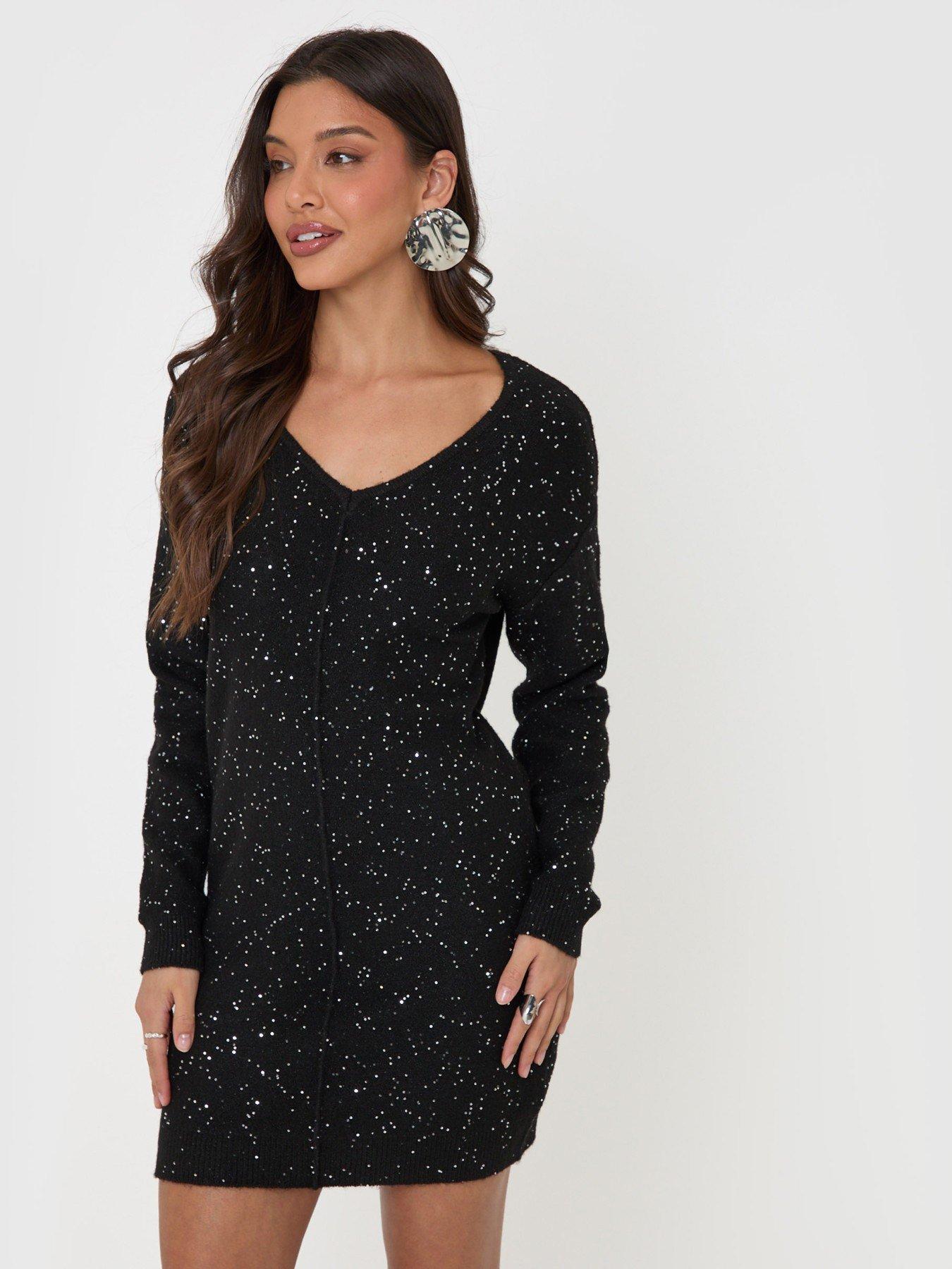 Image 1 of 6 of Threadbare Womens V Neck Sequin Knitted Dress - Black