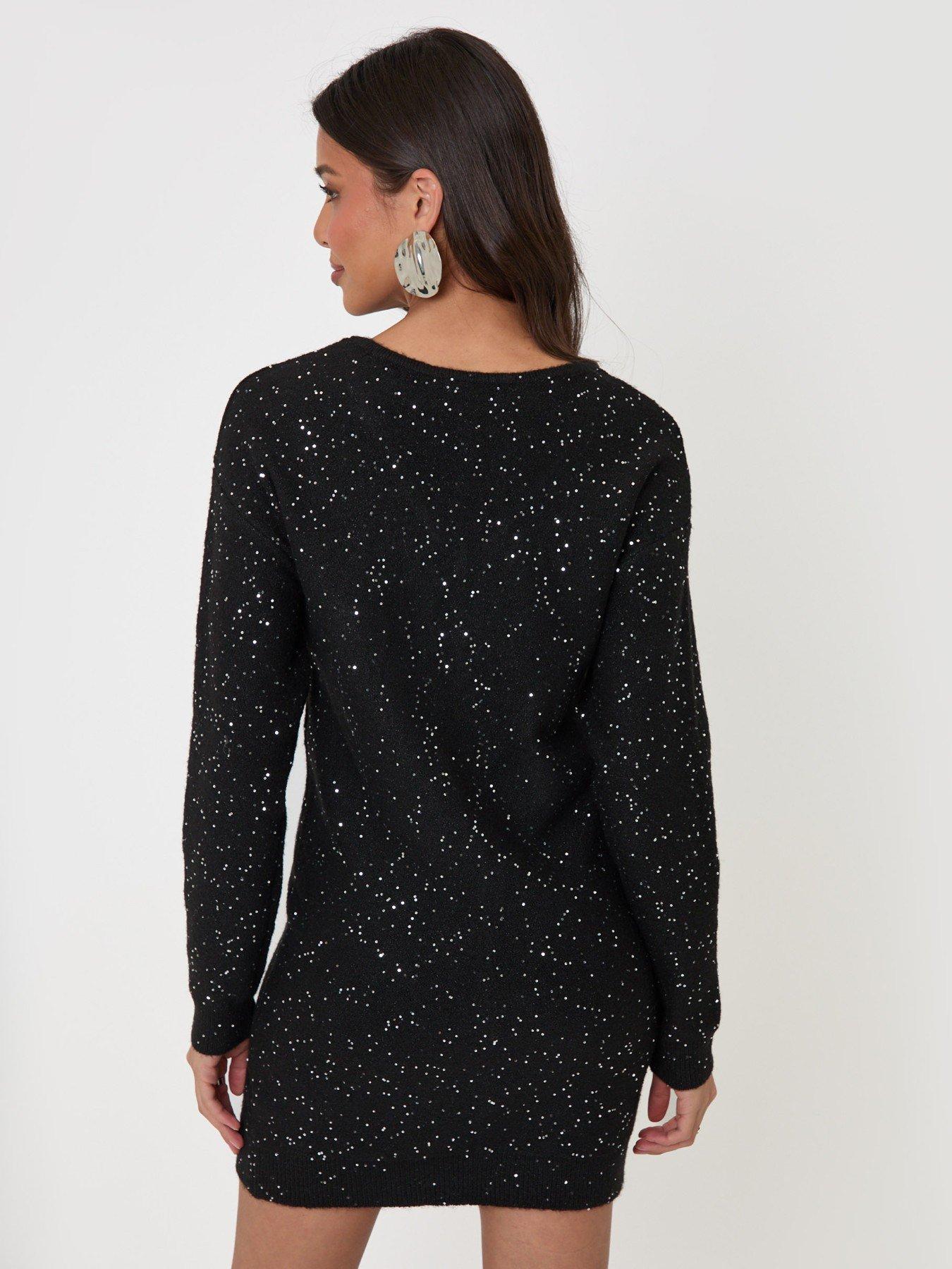 Image 2 of 6 of Threadbare Womens V Neck Sequin Knitted Dress - Black
