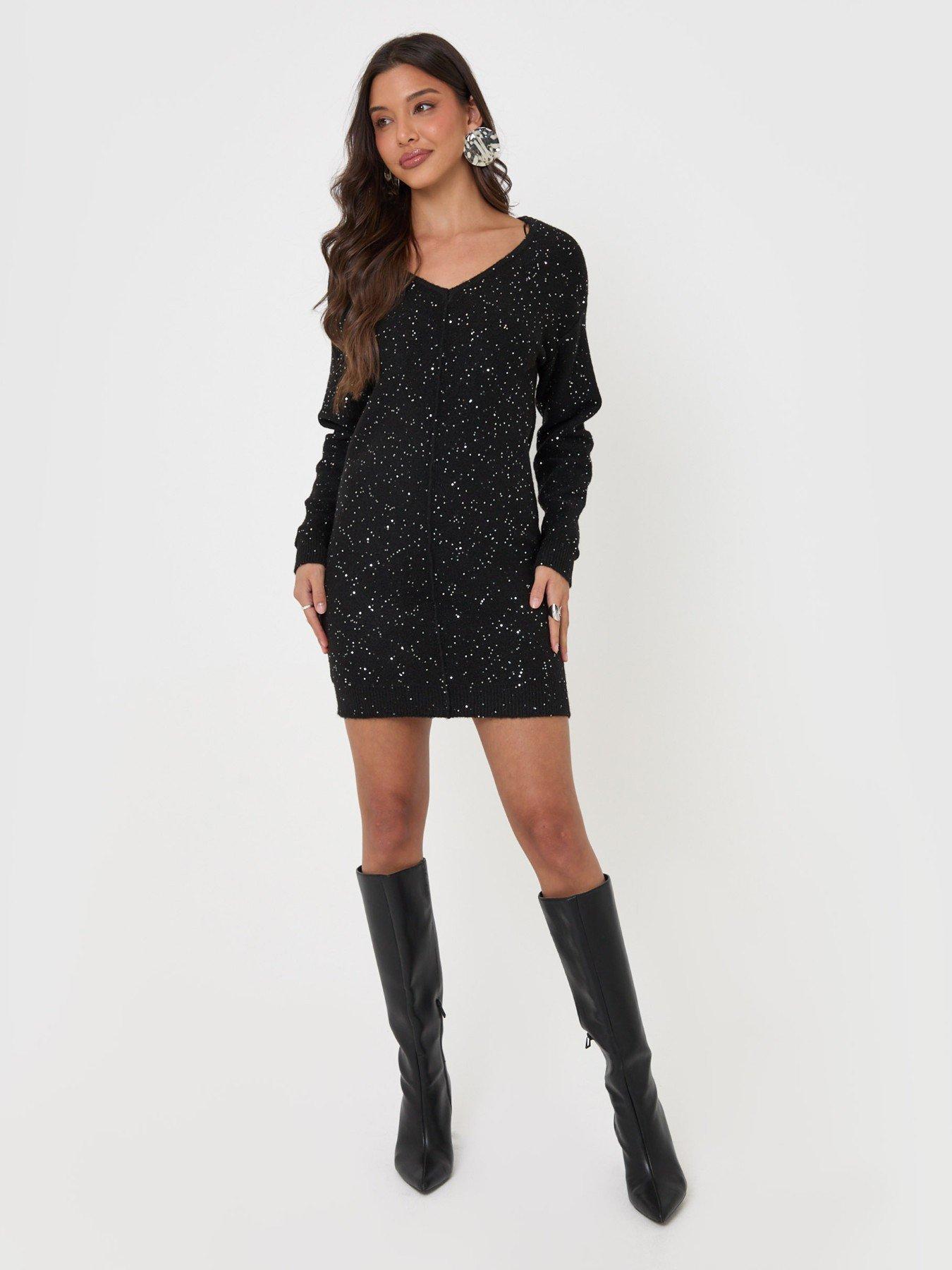 Image 3 of 6 of Threadbare Womens V Neck Sequin Knitted Dress - Black