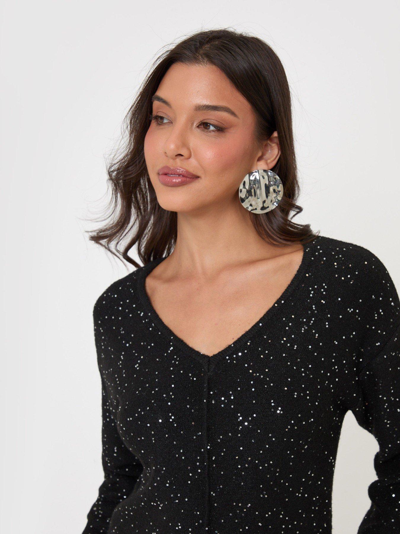 Image 4 of 6 of Threadbare Womens V Neck Sequin Knitted Dress - Black