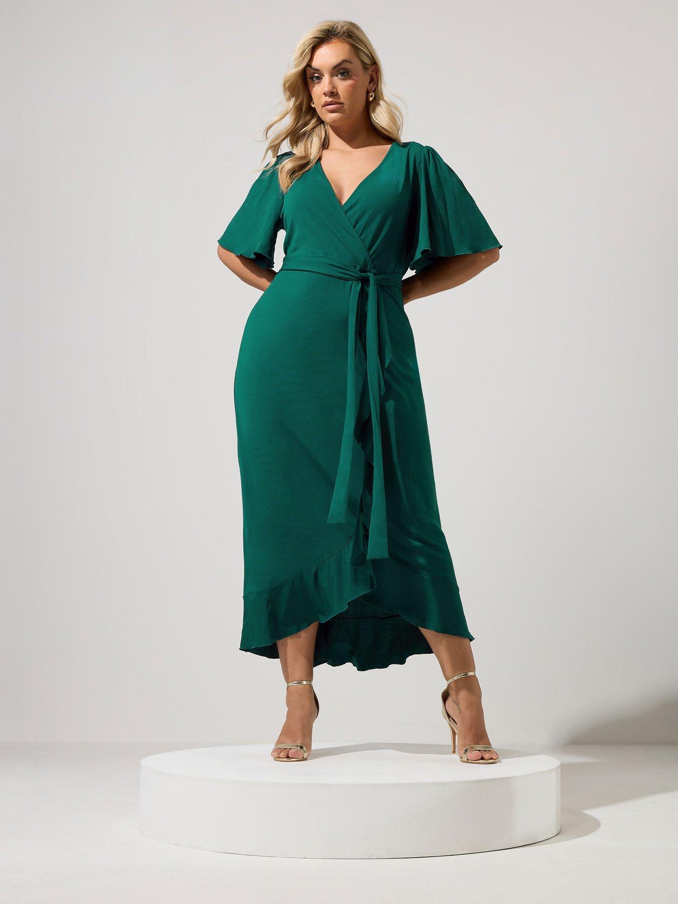 Yours Curve Wrap Ruffle Dress - Green