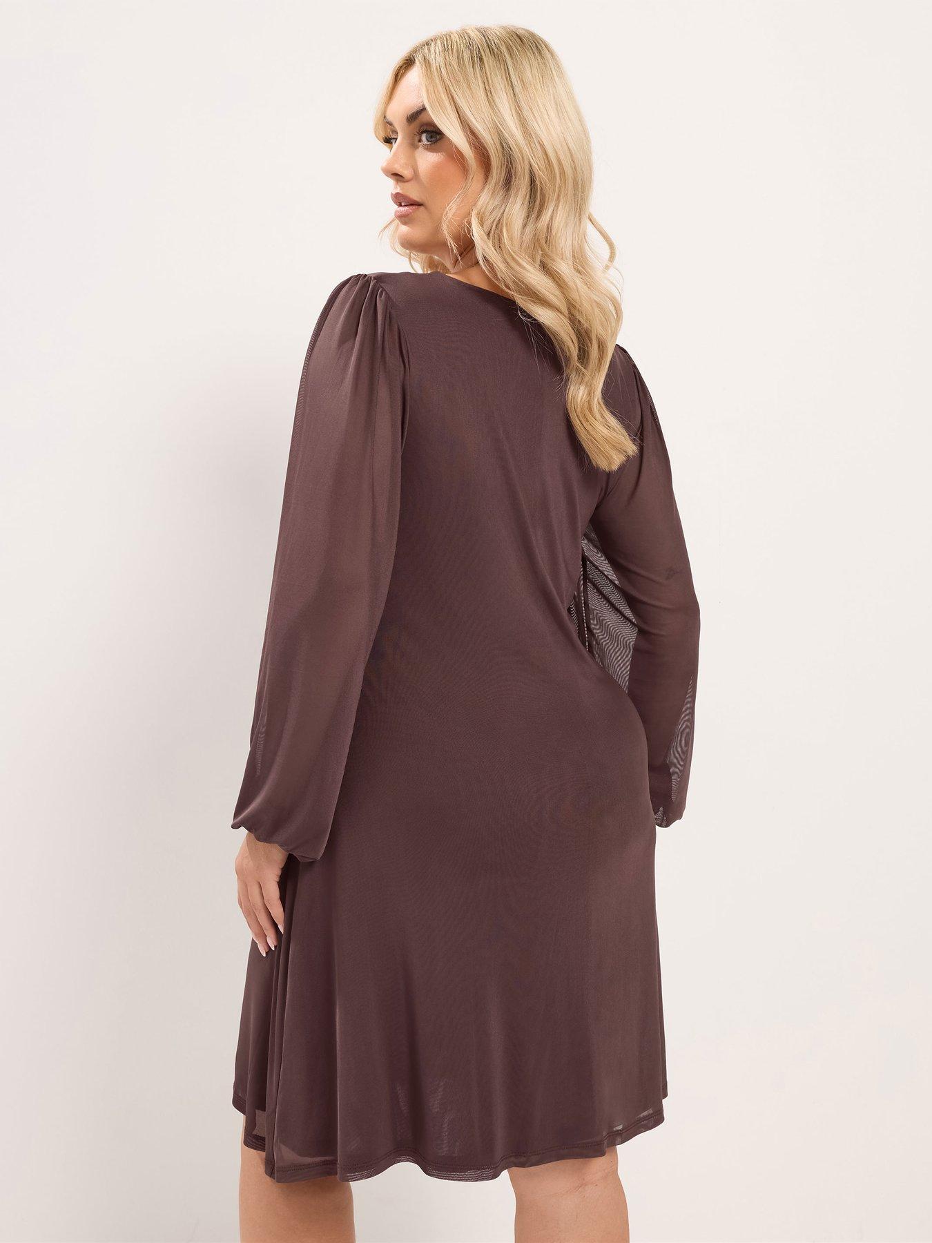 Image 2 of 4 of Yours Curve Mesh Balloon Sleeve Mini Dress - Brown